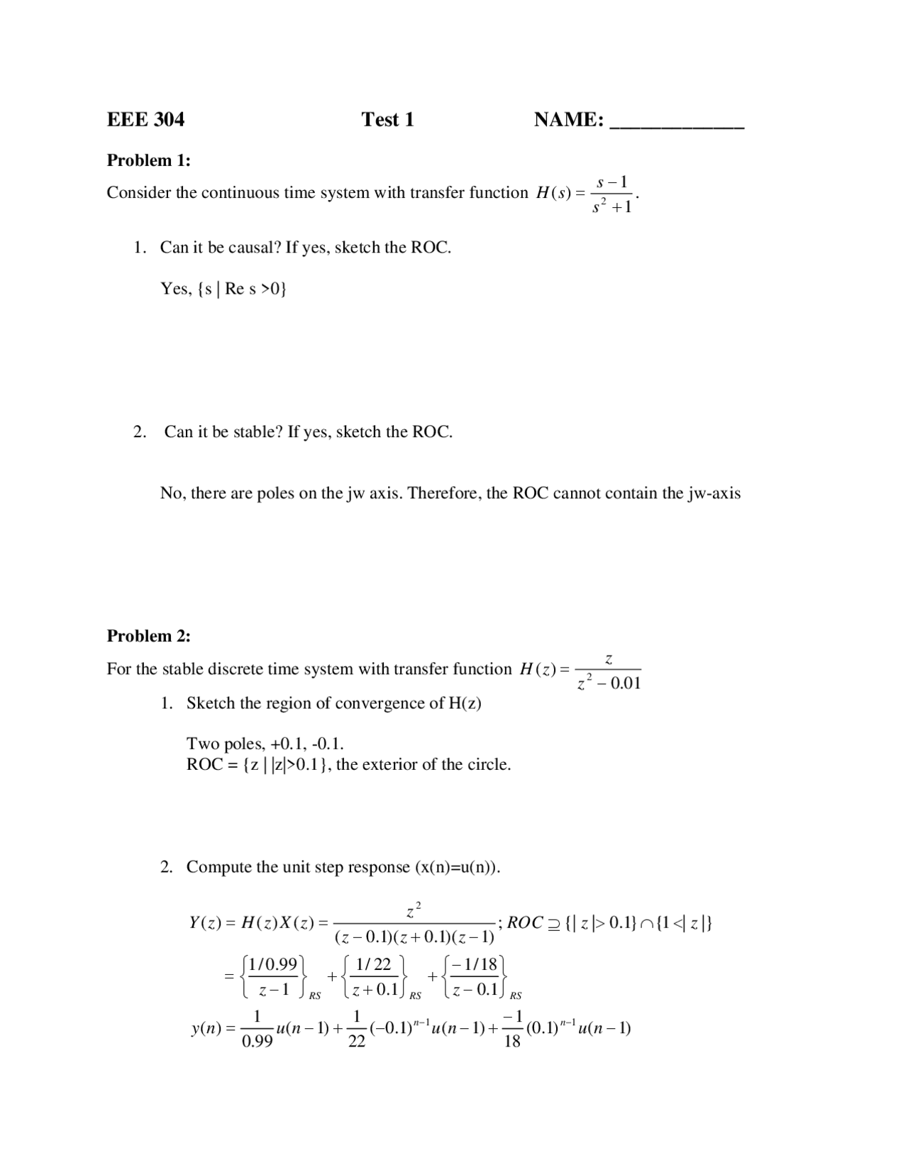 Past Test 1 Problems - Signals and Systems II | EEE 304 - Docsity