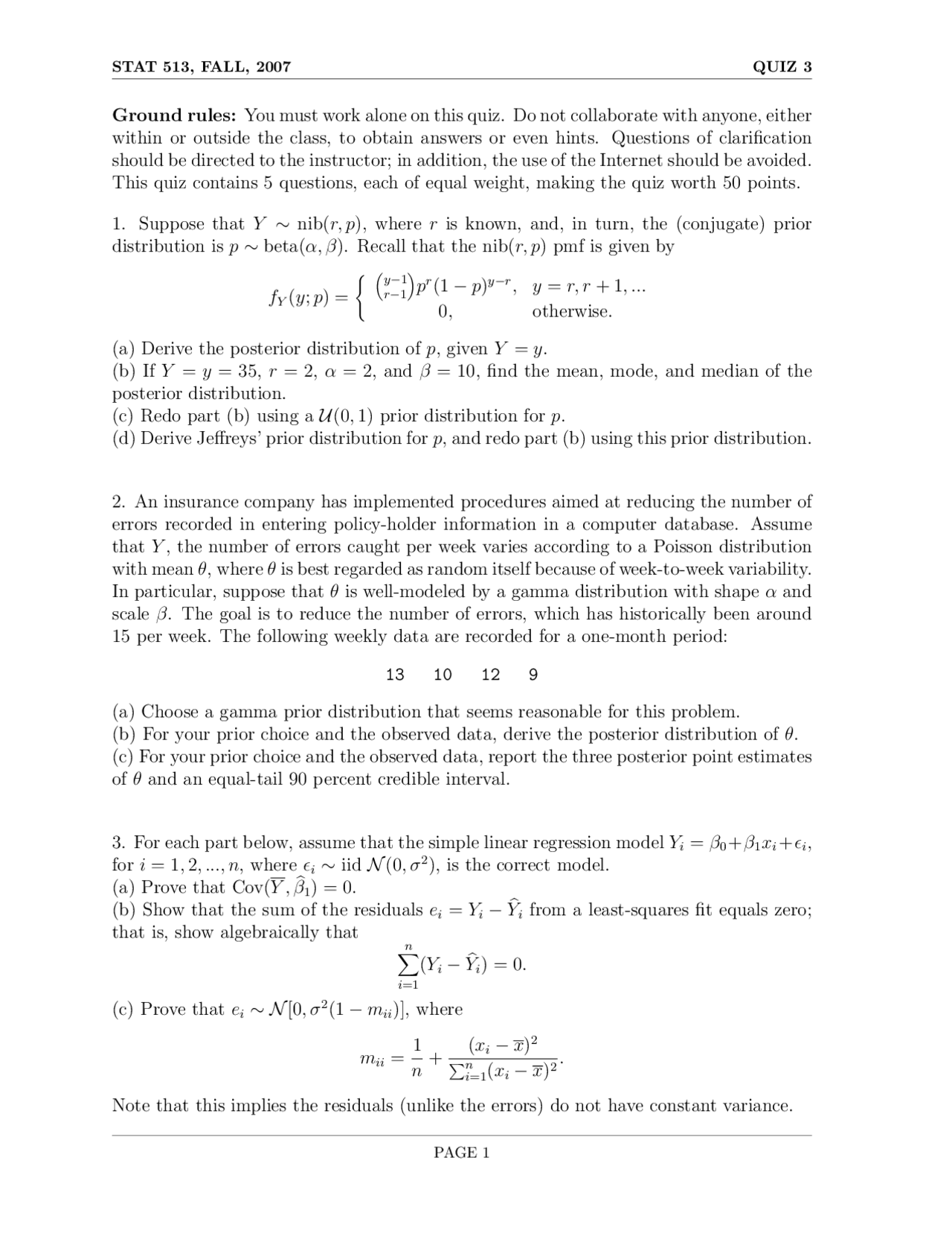 Statistical Inference Questions Bank Quiz 3 Problems - Theory of Statistical Inference | STAT 513 - Docsity