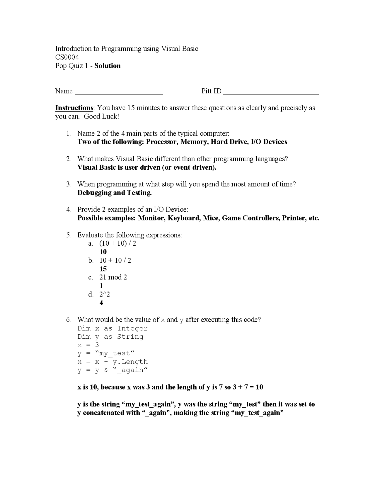 Solved Quiz 1 - Introduction to Computer Programming with Visual Basic ...