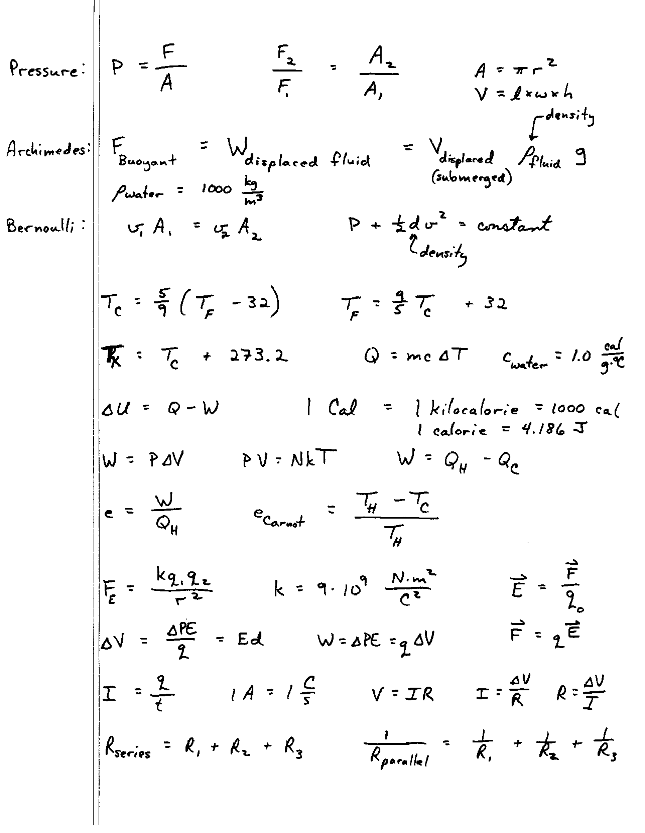Pressure, Archimedes, Bernoulli - Handwritten Notes | PHYS 100 - Docsity