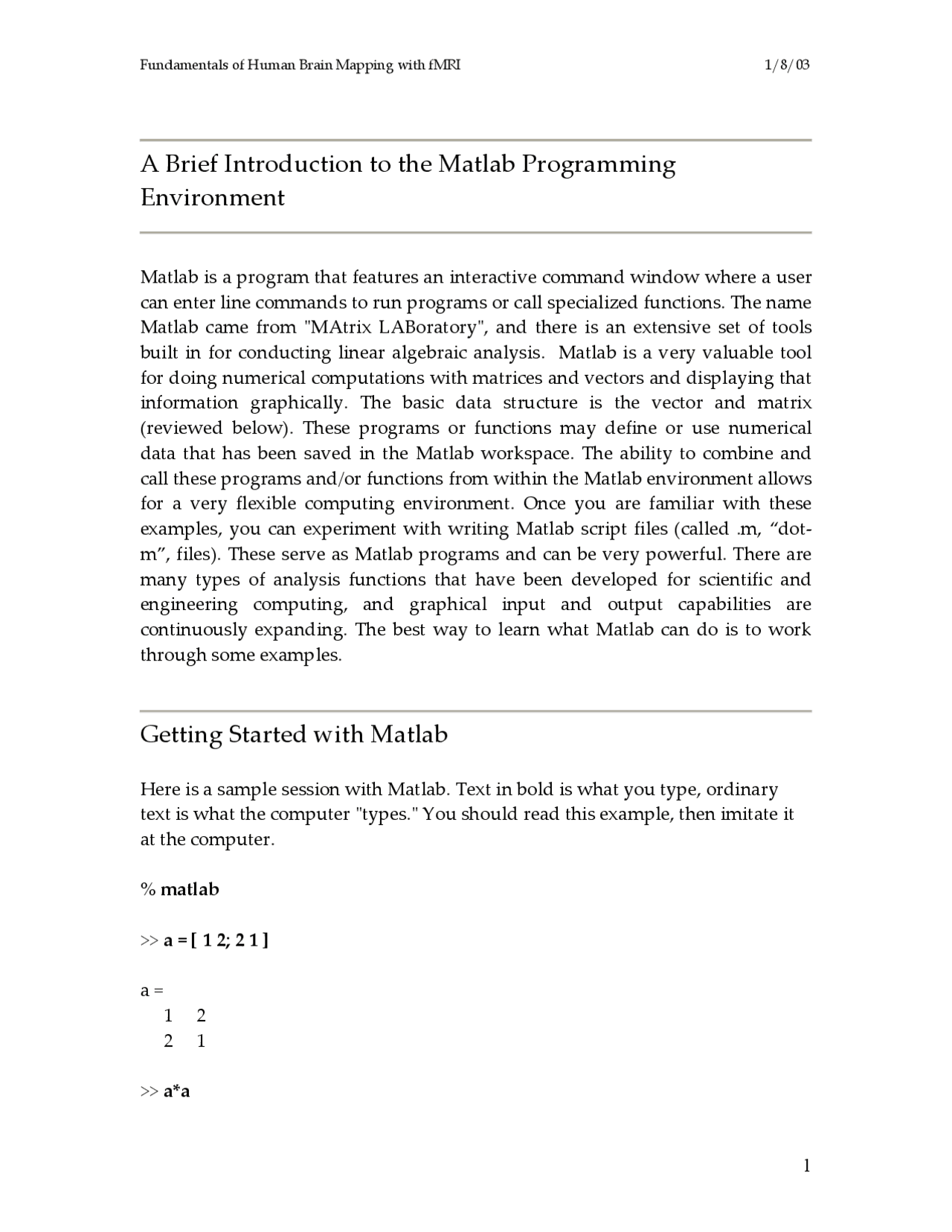 Brief Introduction to Matlab Programming Environment - Lecture Notes ...