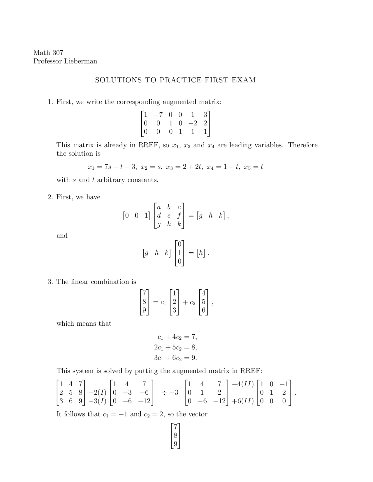 5 Solved Problems on Matrices & Linear Algebra - Exam 1 | MATH 307 ...