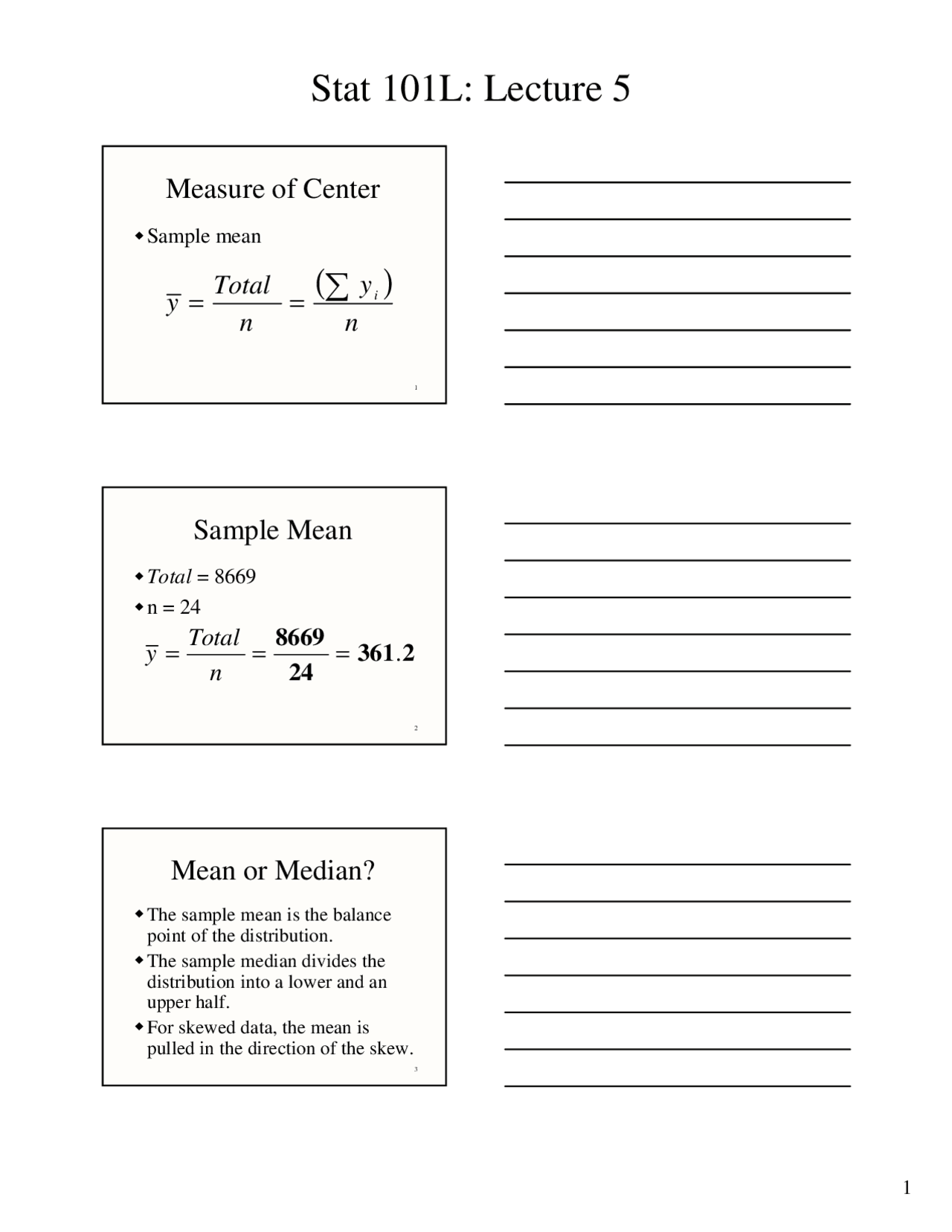 Stat 101L: Lecture 5 - Measures of Central Tendency and Spread | Study ...
