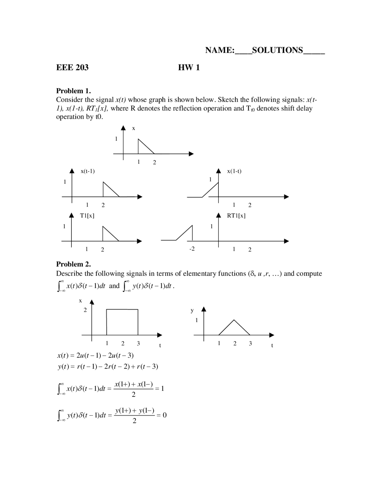 Homework 1 Problems with Solutions - Signals and Systems I | EEE 203 ...