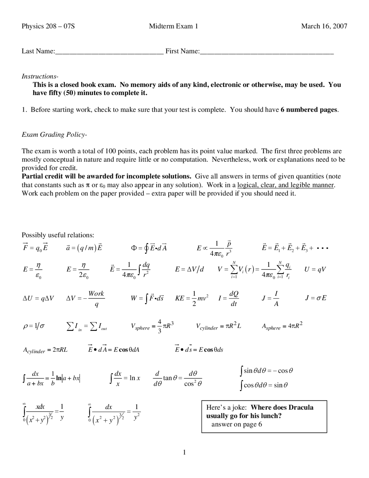 Physics 208 Midterm Exam 1, March 16, 2007 | Exams Physics | Docsity