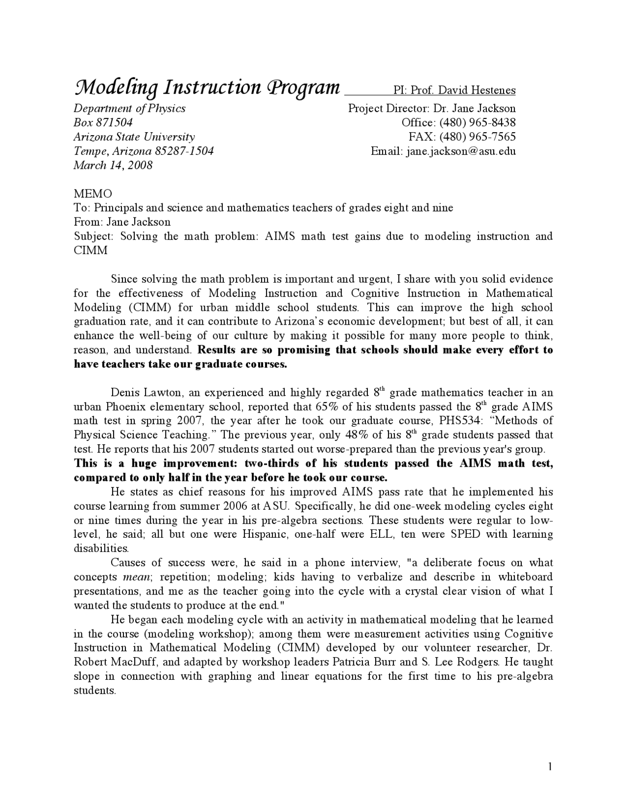 The Modeling Instructions Program - Project | MTE 598 - Docsity