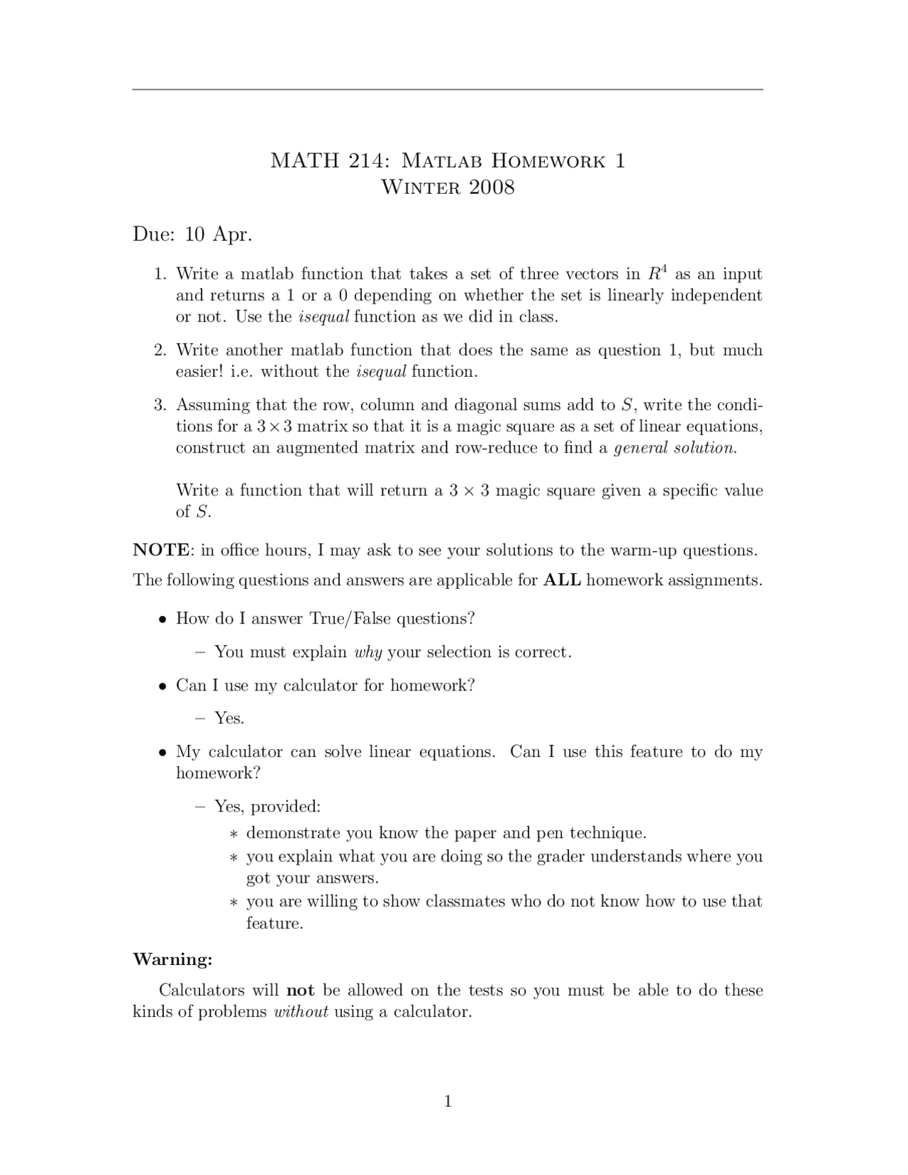 Matlab - Linear Algebra and Differential Equations - Homework I | MATH ...