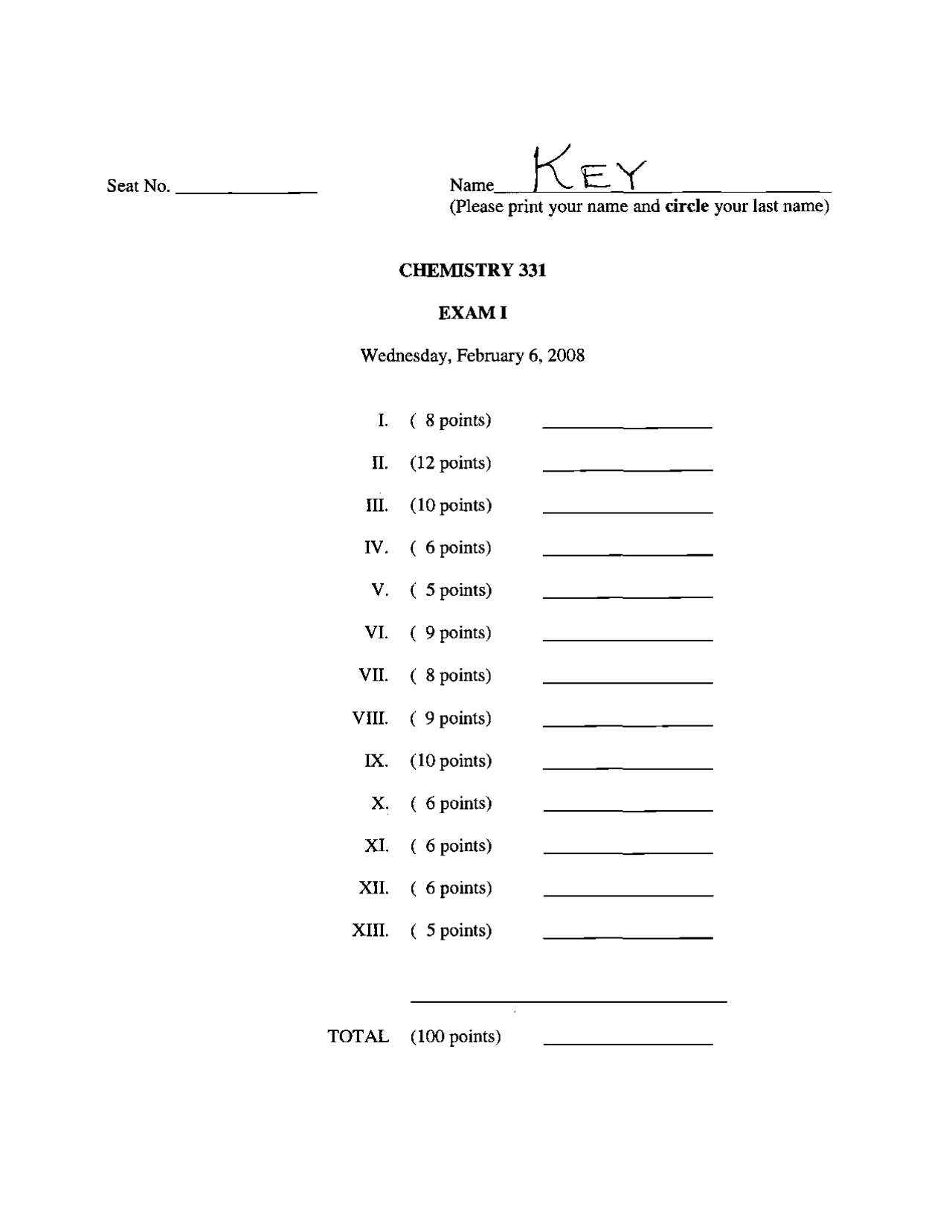 Exam 1 with Answer Key - Organic Chemistry I | CHEM 331 - Docsity