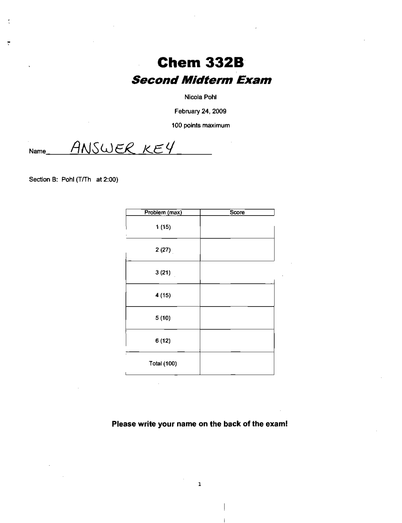 Midterm Exam with Answers Key - Organic Chemistry II | CHEM 332 - Docsity
