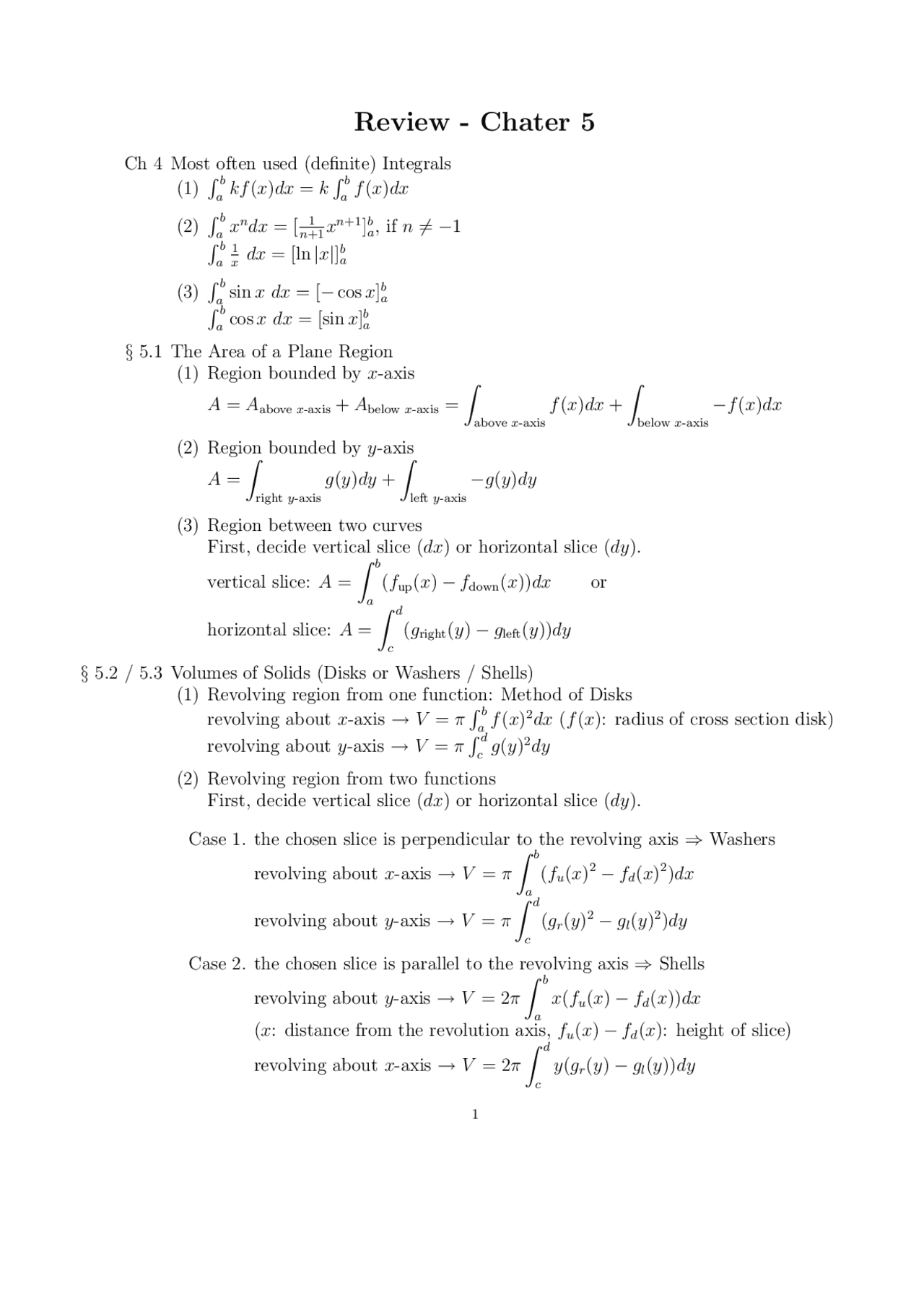 Chapter 5 Review Sheet - Calculus II | MATH 166 - Docsity