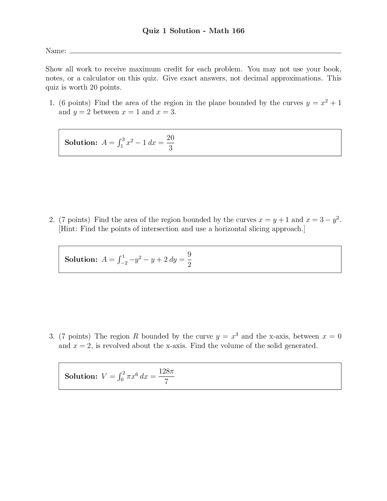 Quiz 1 with Solution - Calculus II | MATH 166 - Docsity