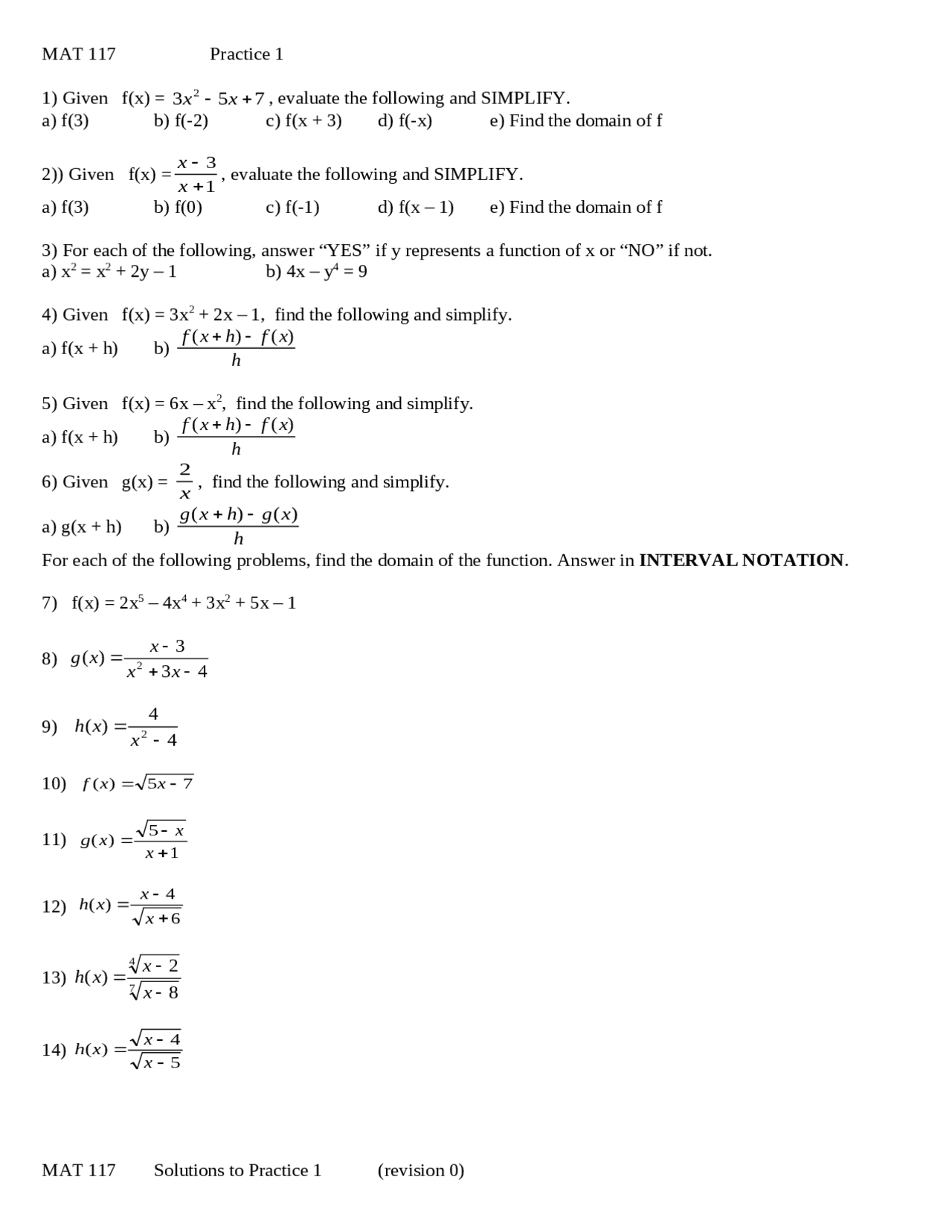 Practice for Exam I - College Algebra | MAT 117 - Docsity