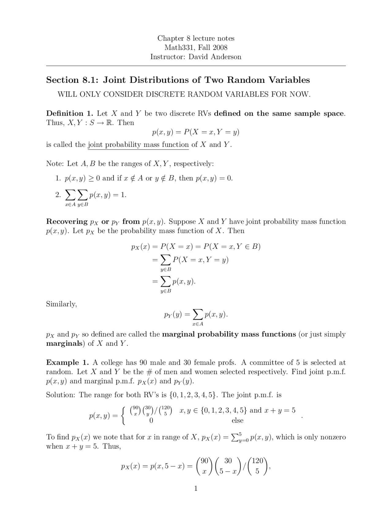 Joint Distribution of Random Variables - Probability | MATH 331 - Docsity