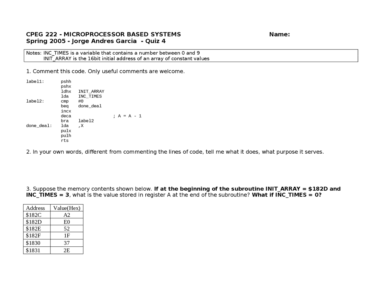 Quiz IV Questions - Microprocessor Systems | CPEG 222 - Docsity
