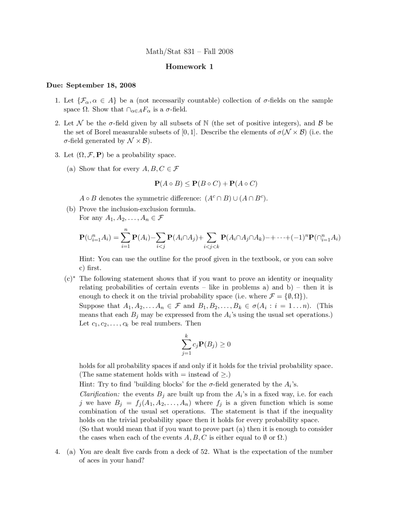 Theory of Probability - Problem Set 1 | STAT 831 - Docsity