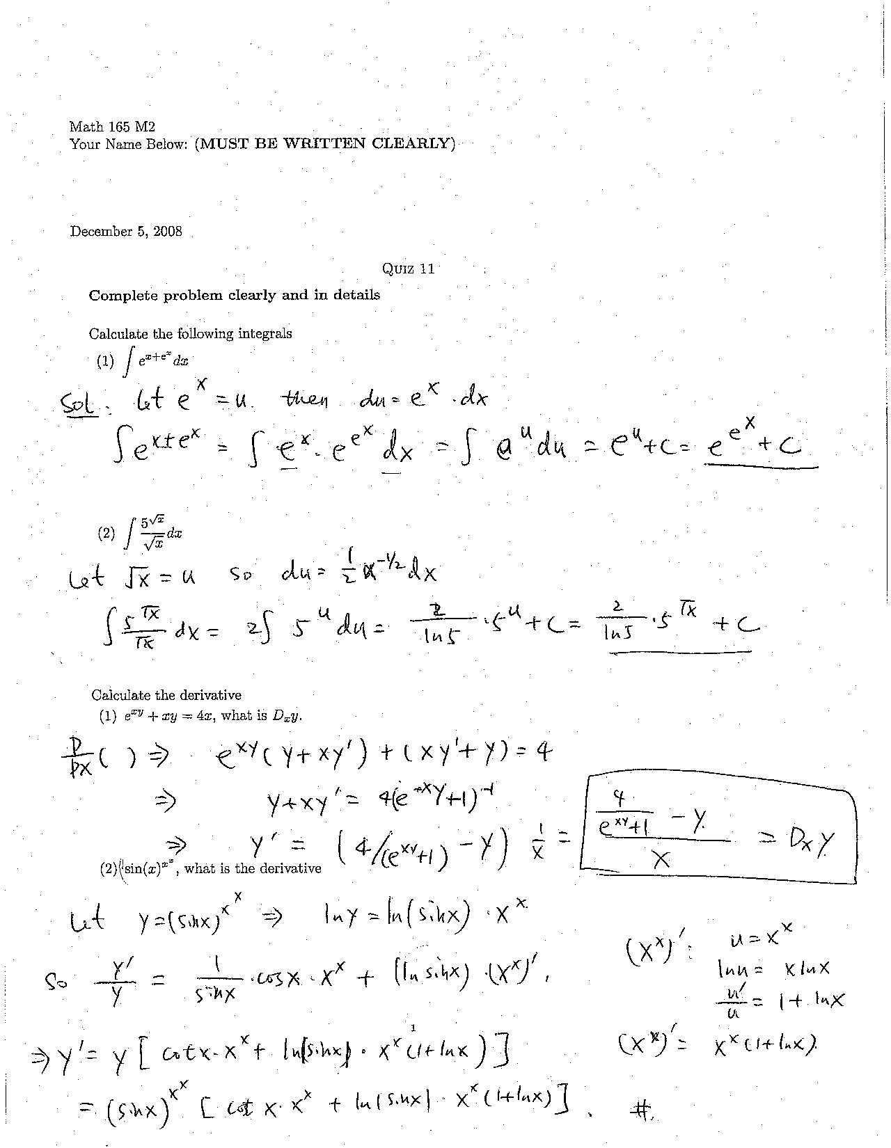Quiz 11 Solutions - Calculus I | MATH 165 | Quizzes Calculus | Docsity