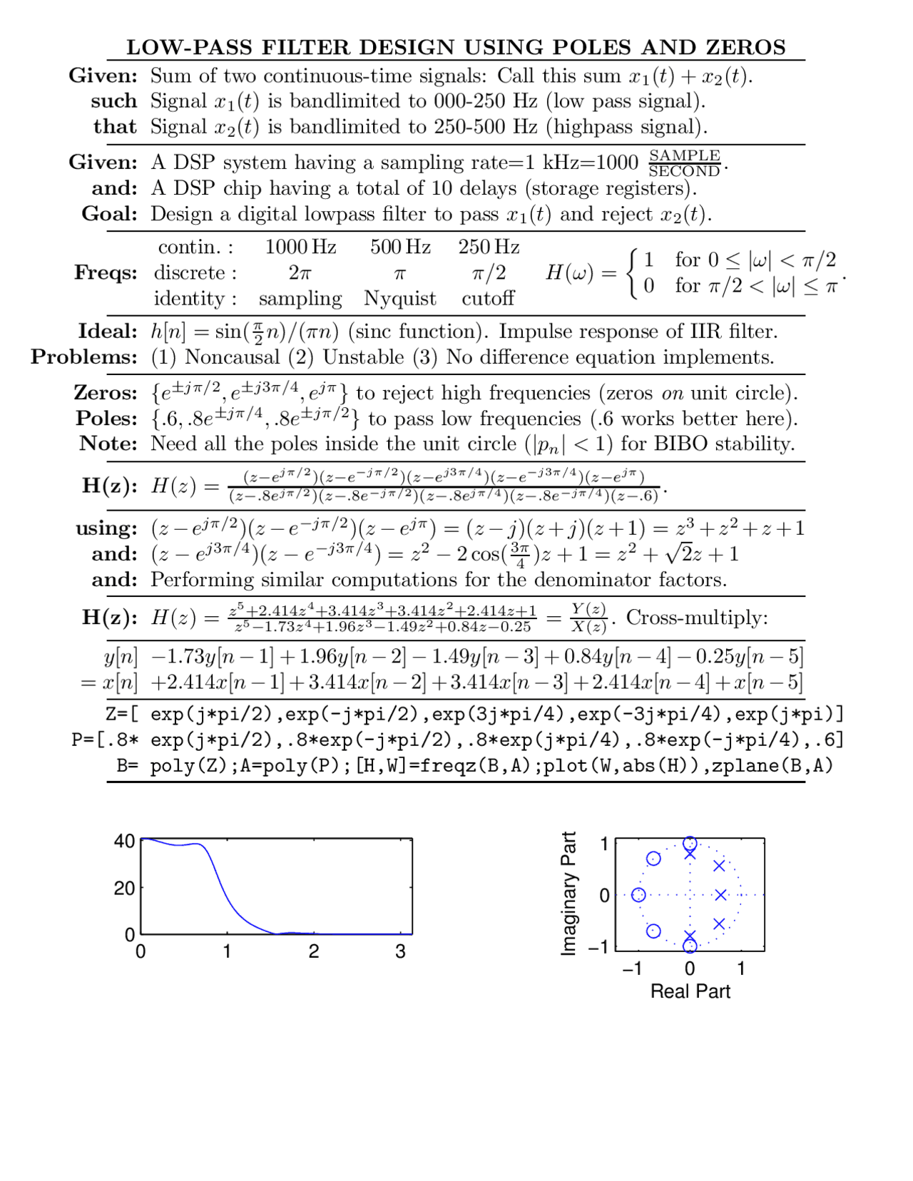 Low-Pass Filter Design using Poles and Zeros | EECS 451 - Docsity