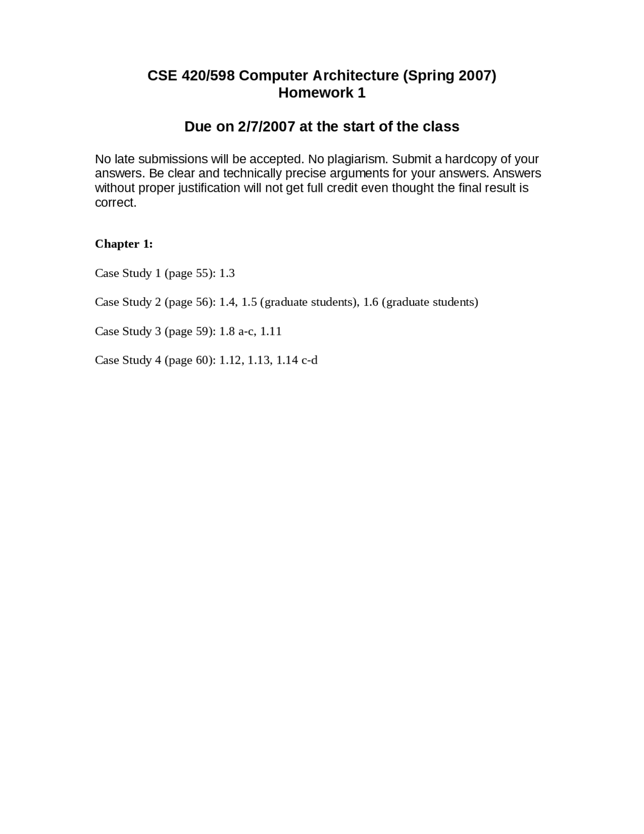 Case Study on the Computer Architecture l - Homework 1 | CSE 420 - Docsity