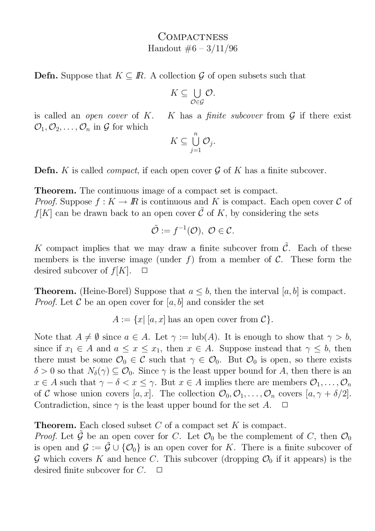 Compact Maths Compactness Handout 6 - Analysis I | MATH 554 - Docsity