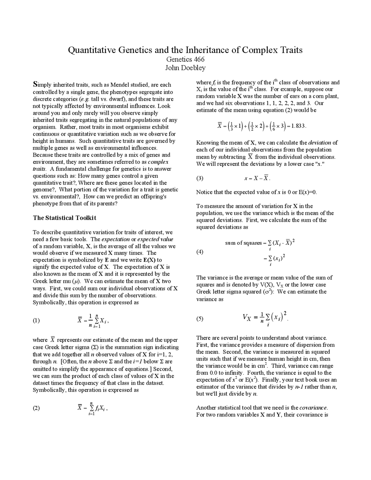 Quantitative Genetics and Inheritance of Complex Traits - Handout ...