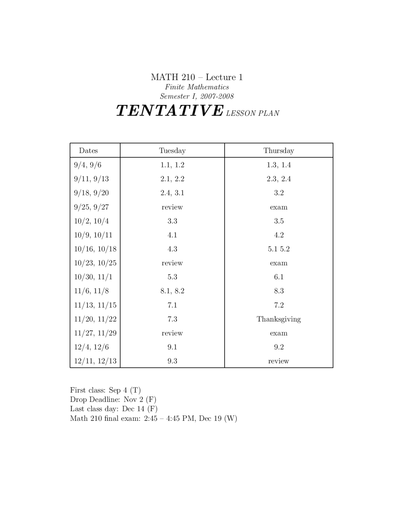 Notes on Tentative Lesson Plan - Finite Mathematics | MATH 210 - Docsity