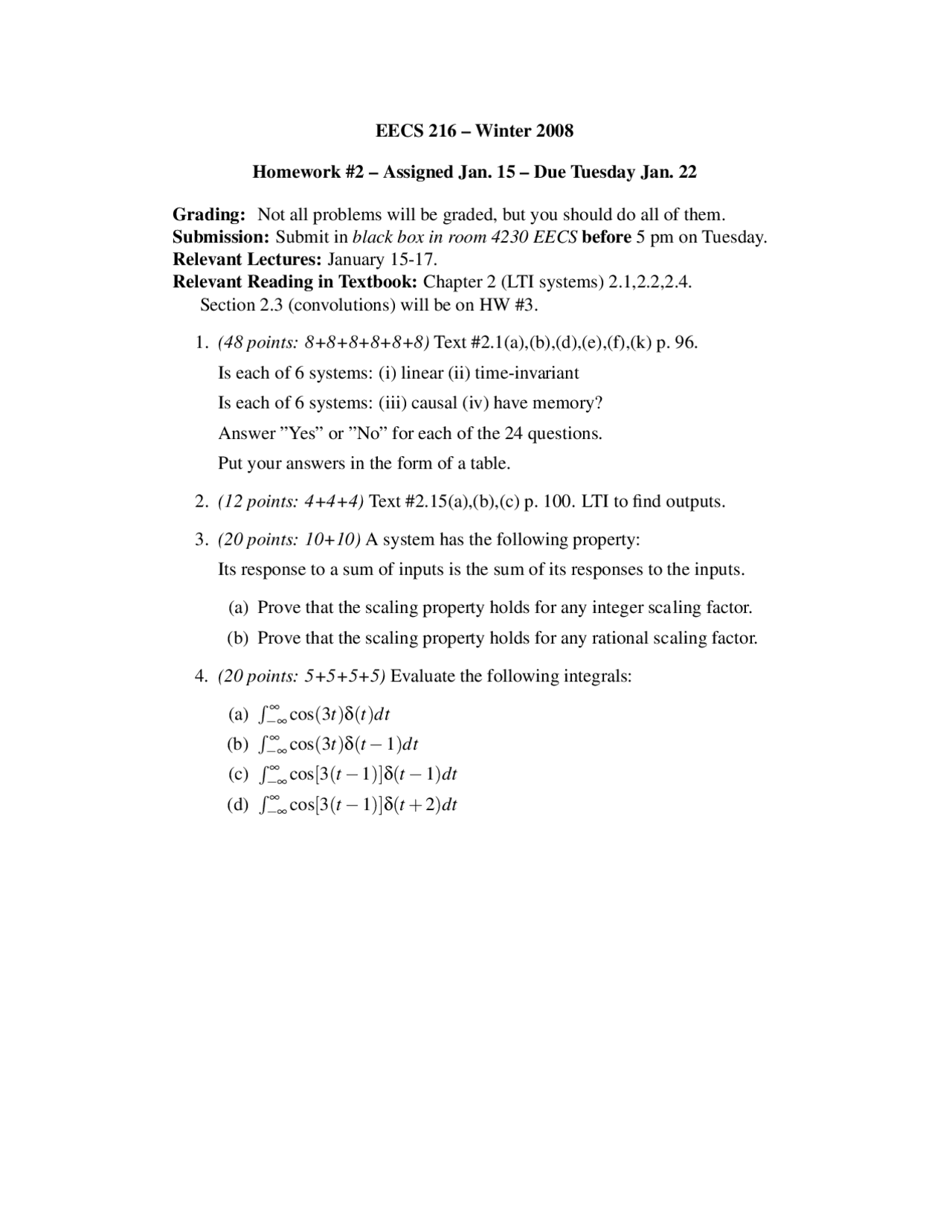 4 Practice Problems On Introduction To Signals Systems Homework 2 Eecs 216 Docsity