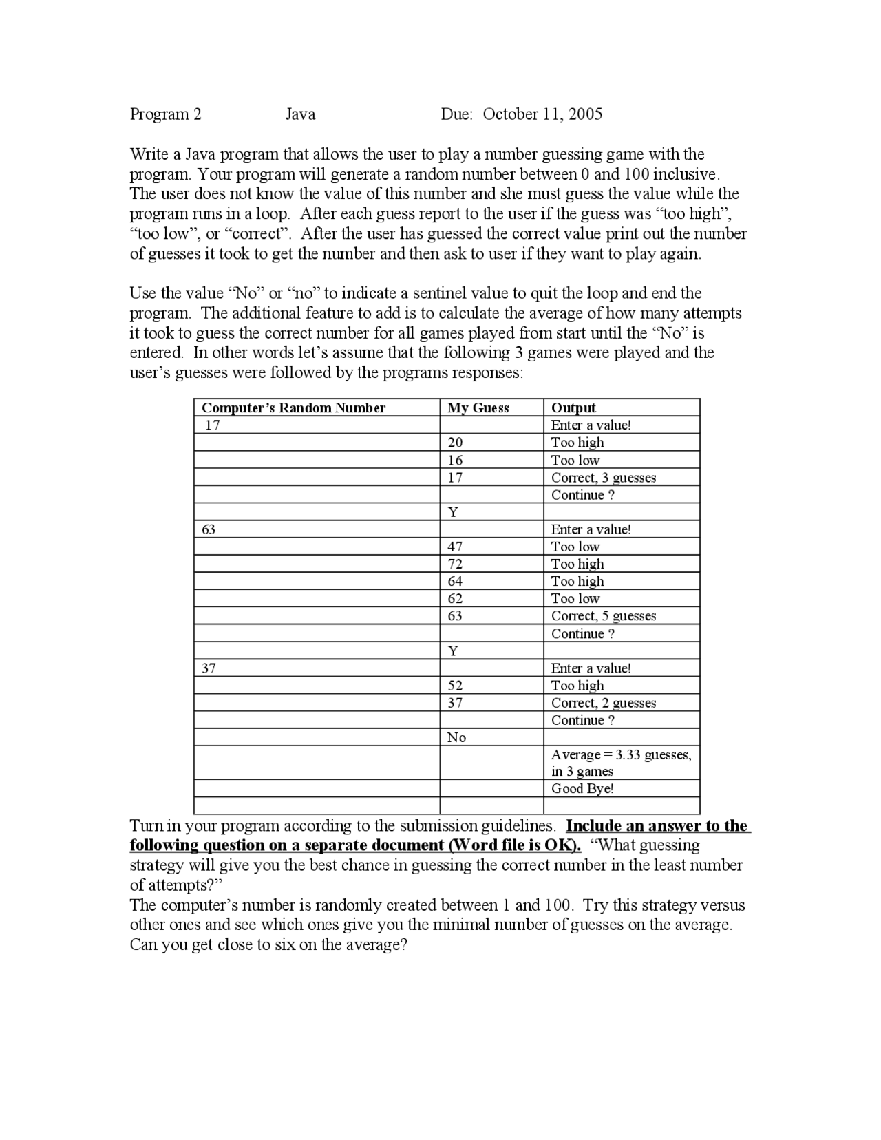 Java Program for Assignment 2 - Introduction to Computer Programming ...