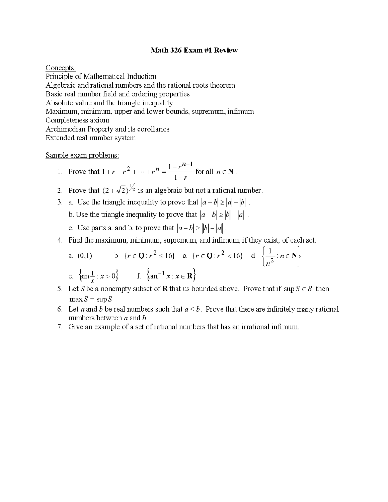 Principles of Mathematical Induction - Exam 1 Review Sheet | MATH 326 ...