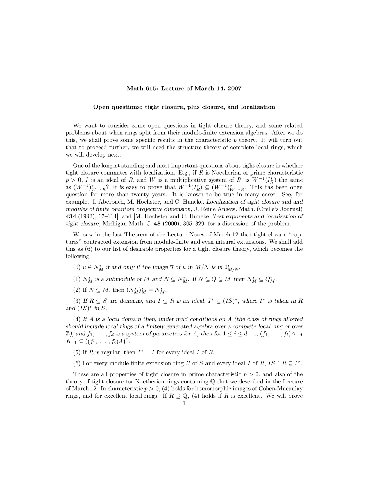 Tight Closure, Plus Closure, and Localization - Lecture Notes | MATH ...