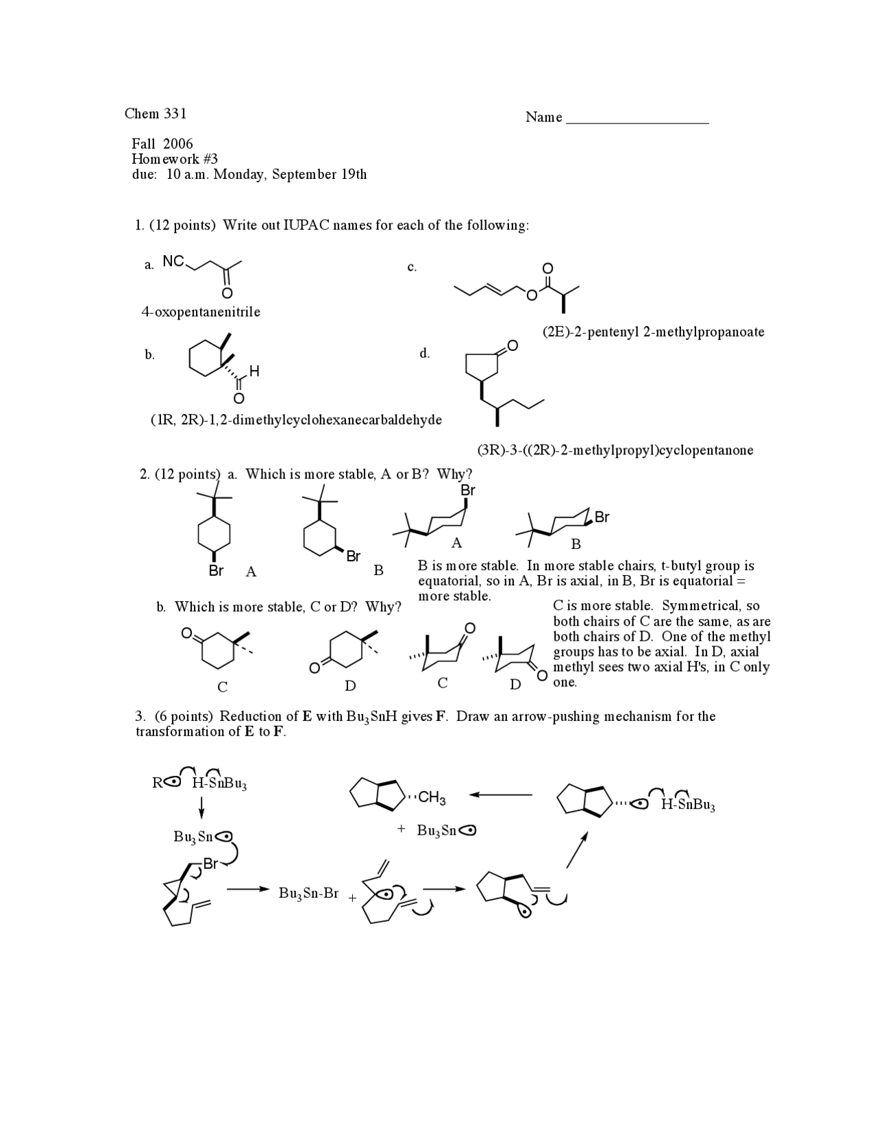 Organic Chemistry Questions for Homework 3 CHEM 331 Docsity
