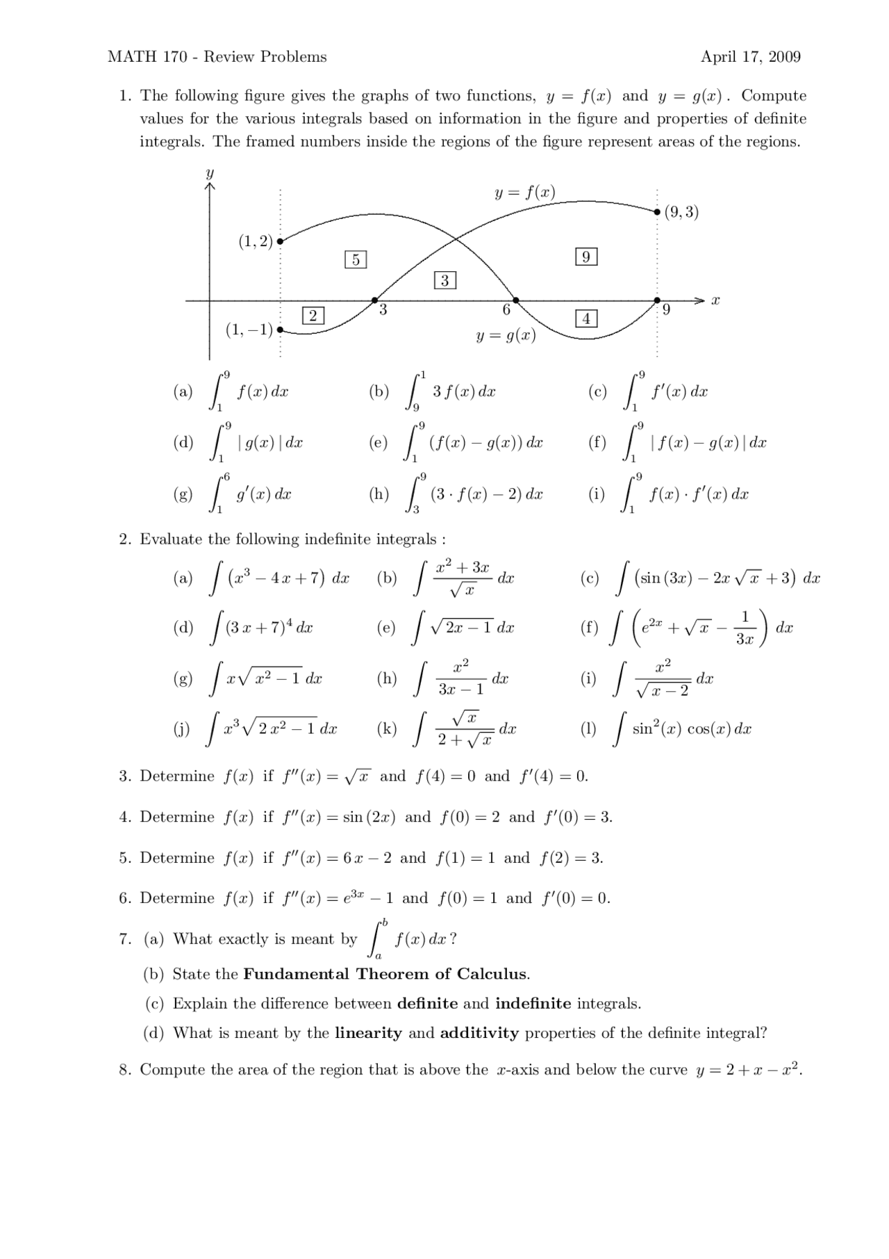 Problems Review Sheet for Calculus I | MATH 170 - Docsity