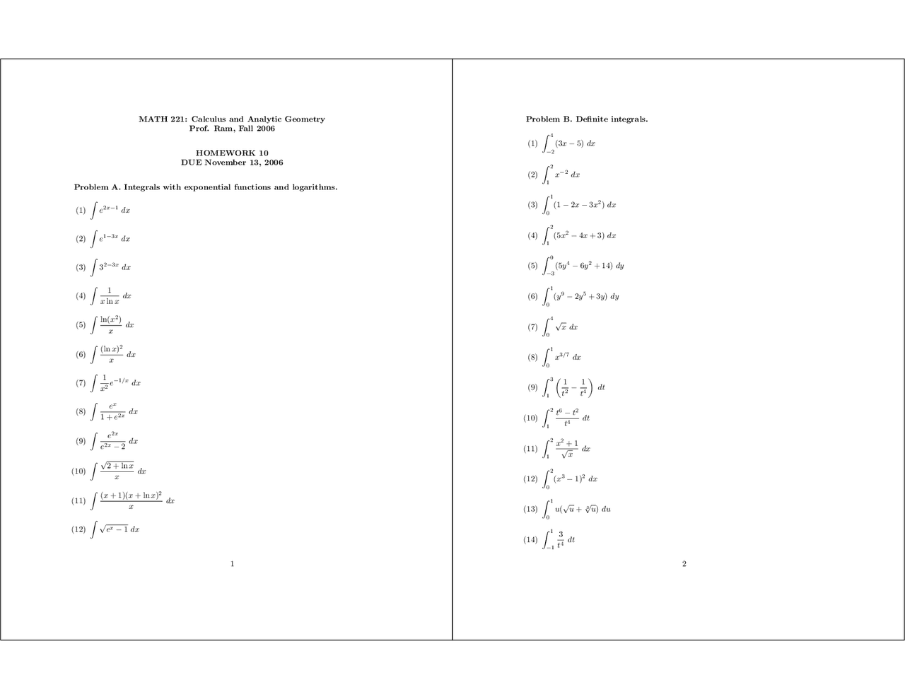Homework 10 Problems - Calculus and Analytic Geometry | MATH 221 - Docsity