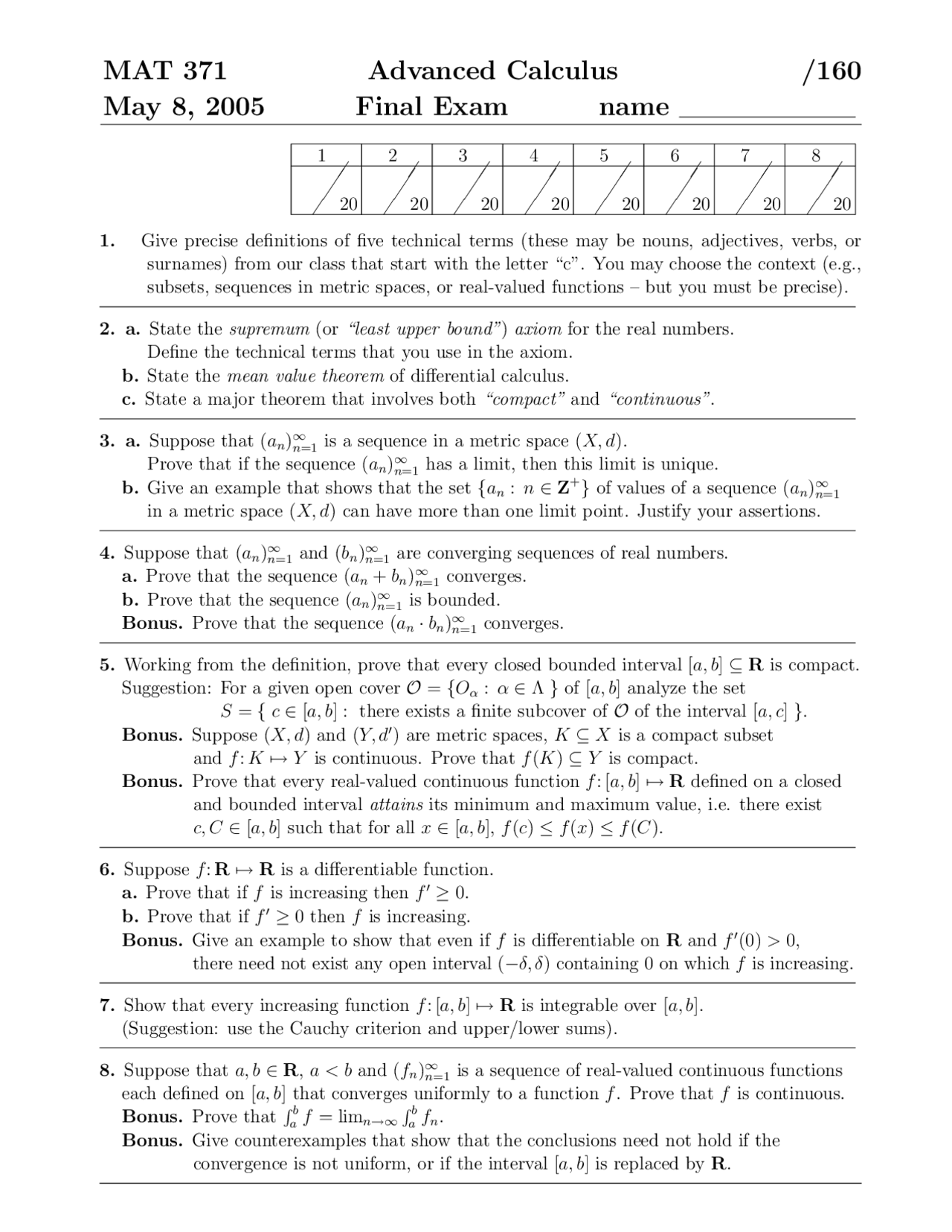 8 Questions Final Exam - Advanced Calculus I | MAT 371 - Docsity