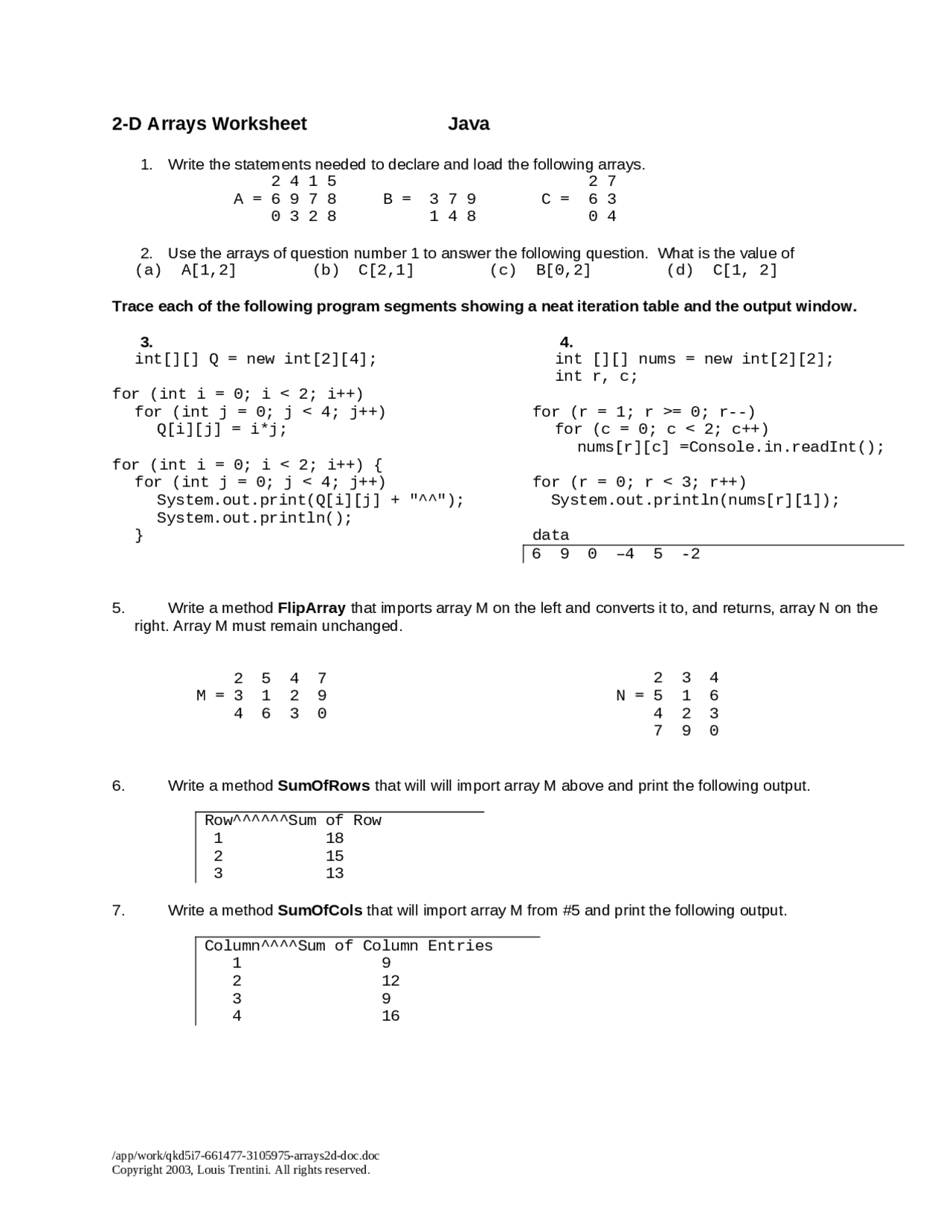 2-D Arrays Worksheet - Java - Introduction to Computer Programming | CS ...