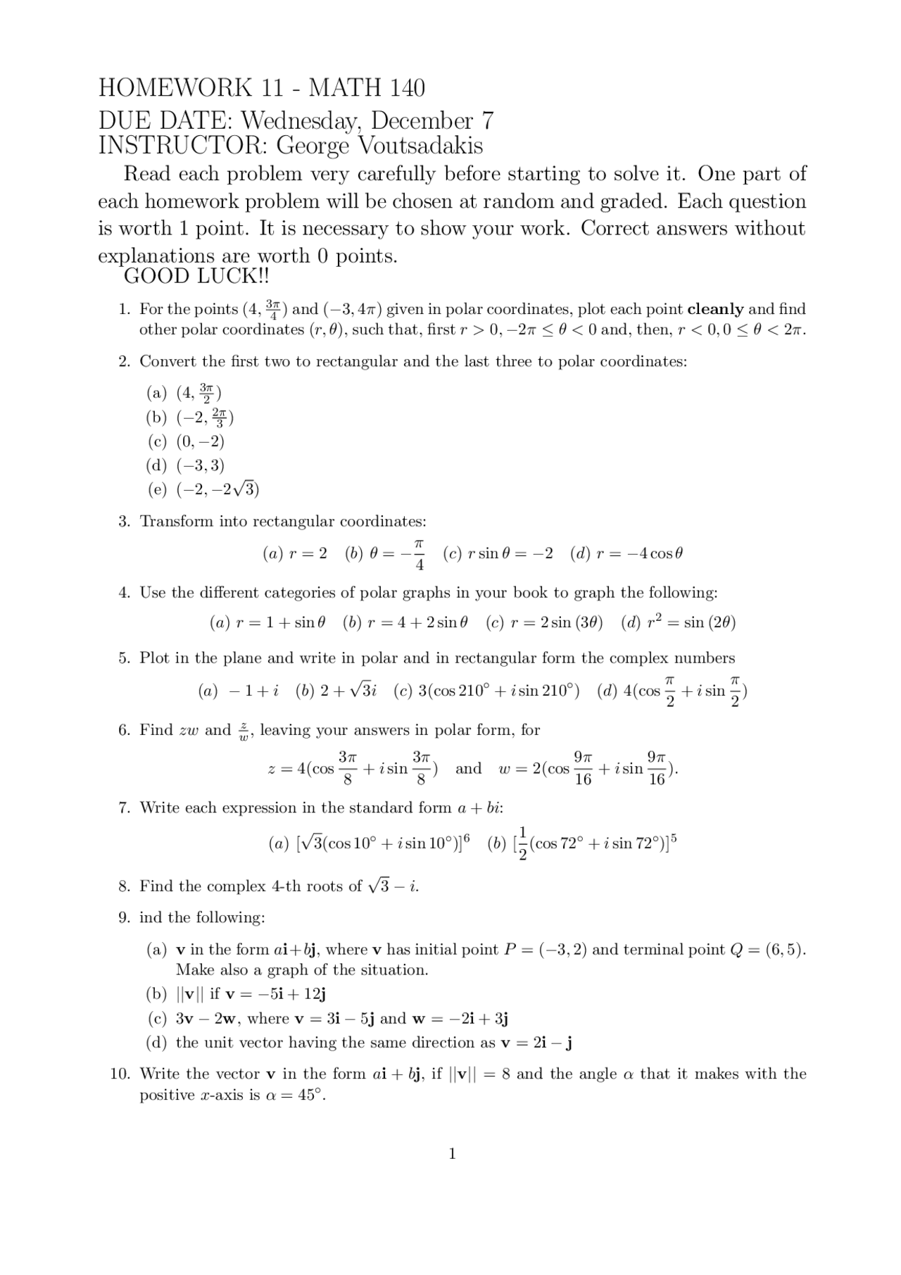 Homework 11 Questions Unsolved - College Algebra | MATH 140 - Docsity
