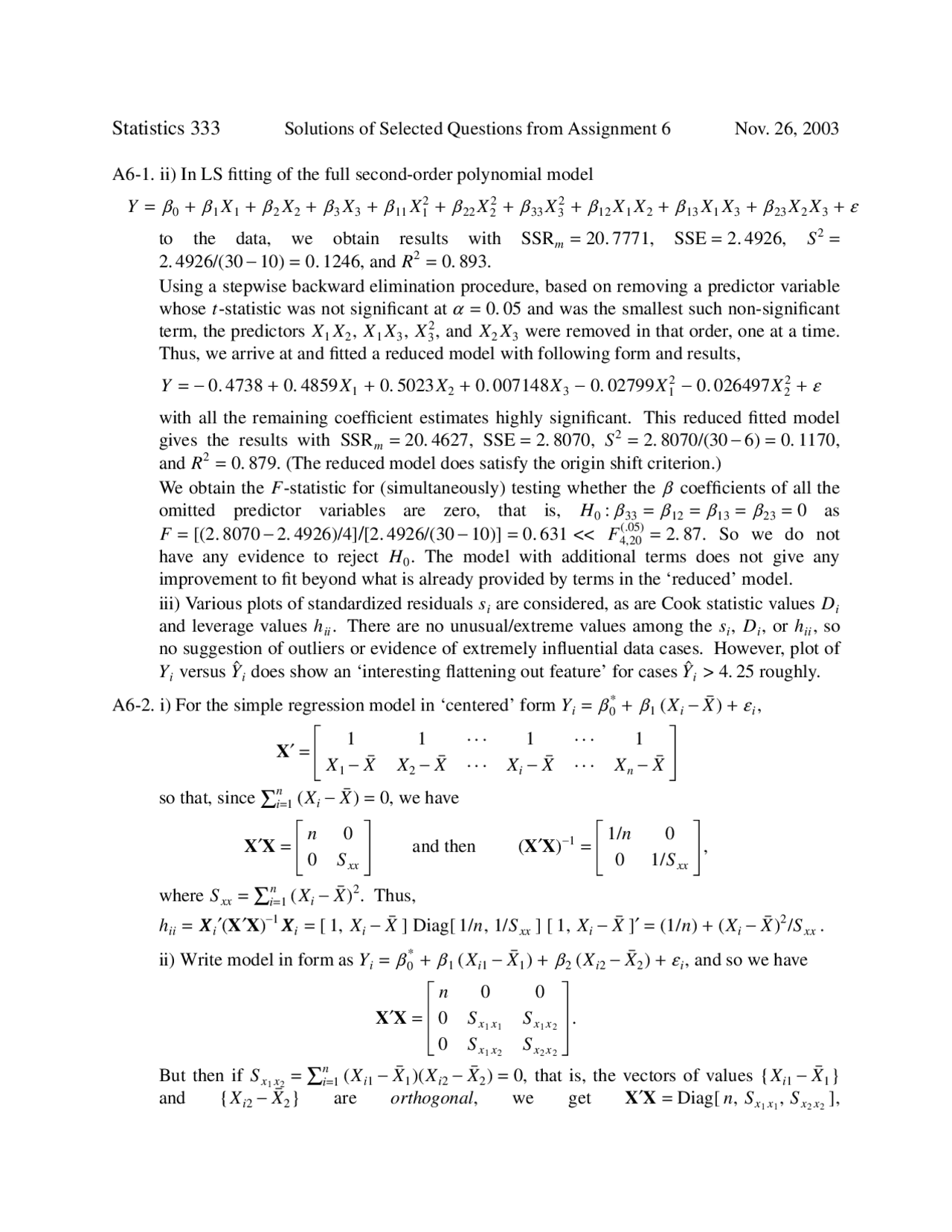 Solutions for Homework 6 - Applied Regression Analysis | STAT 333 - Docsity