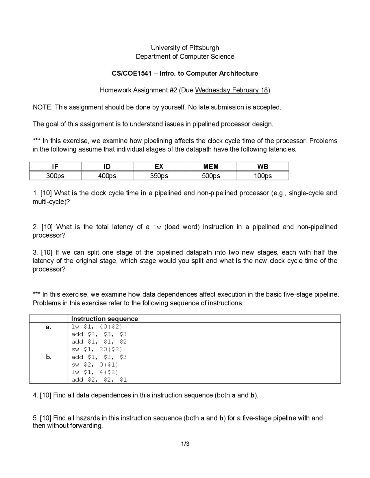 Assignment 2 With 10 Problems Introduction To Computer Architecture Assignment 2 With 10 Problems Introduction To Computer Architecture