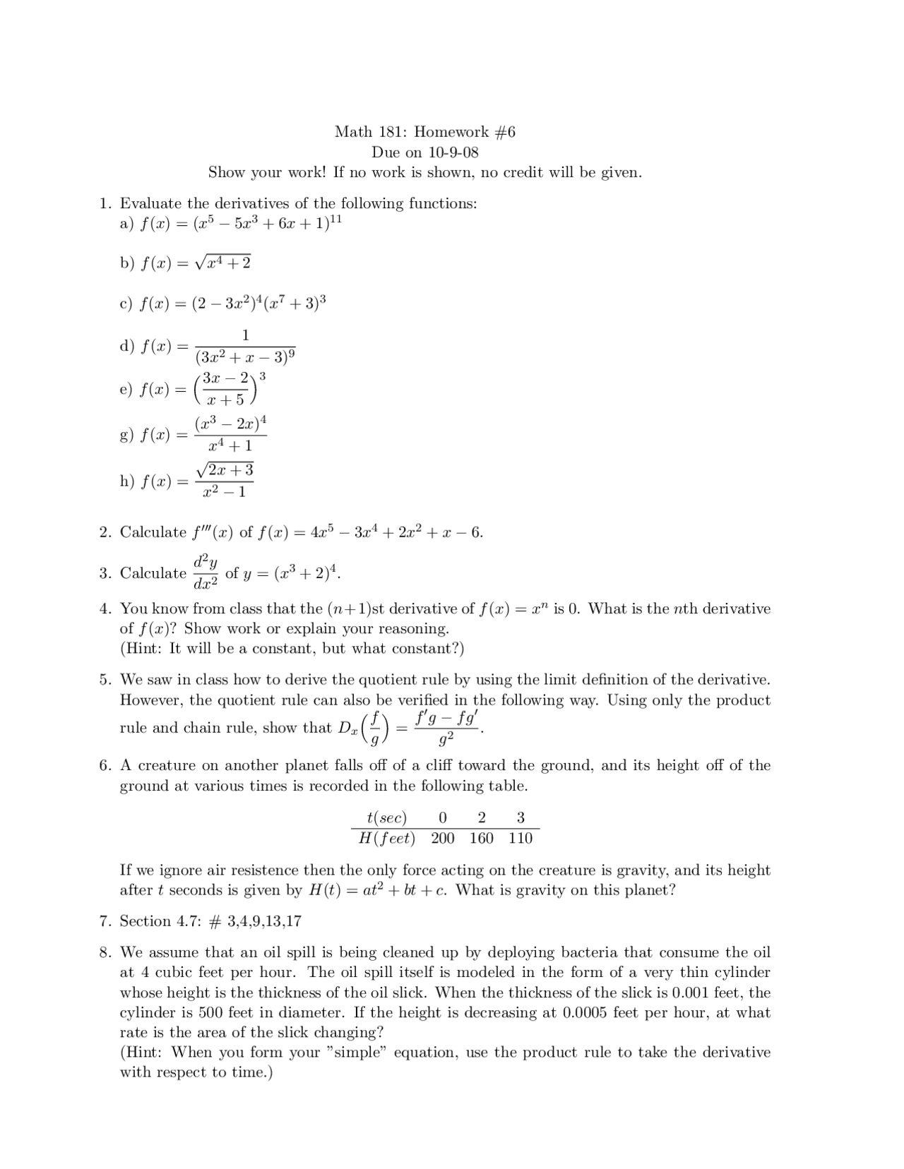Math 181 Homework #6: Derivatives and Quotient Rule | Assignments ...