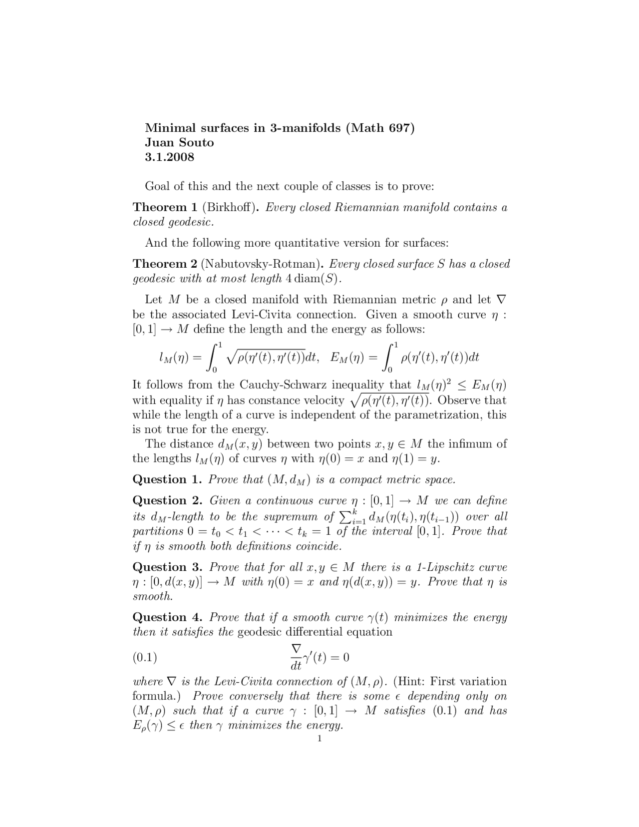 Questions and Theorems on Minimal Surfaces in 3-Manifolds | MATH 697 ...