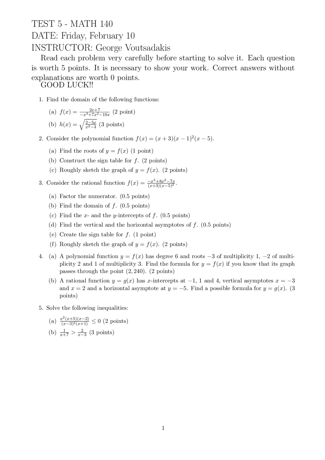 Math 140 Science Math 140 Test 5: Solving Functions, Polynomials, and Inequalities ...