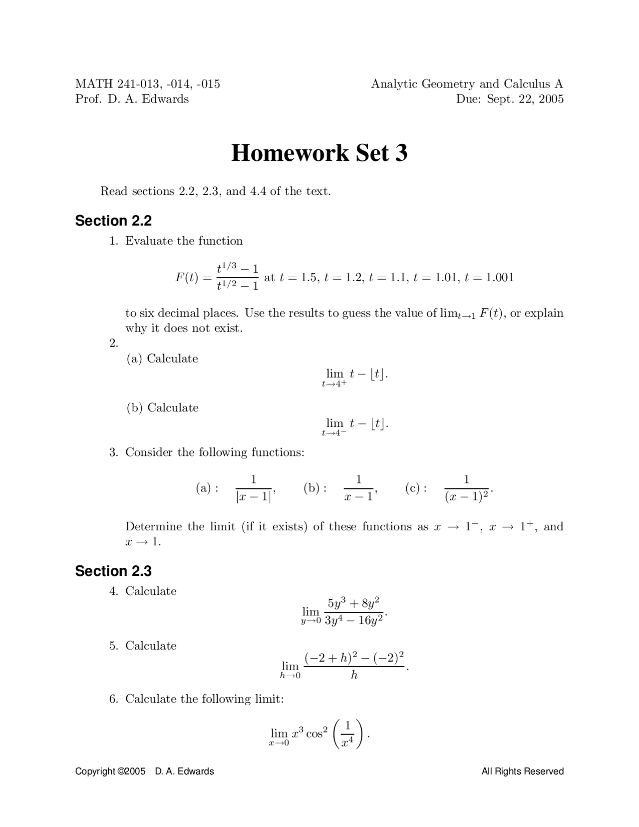Math 241 Homework Set 3: Limits and Functions in Analytic Geometry and ...
