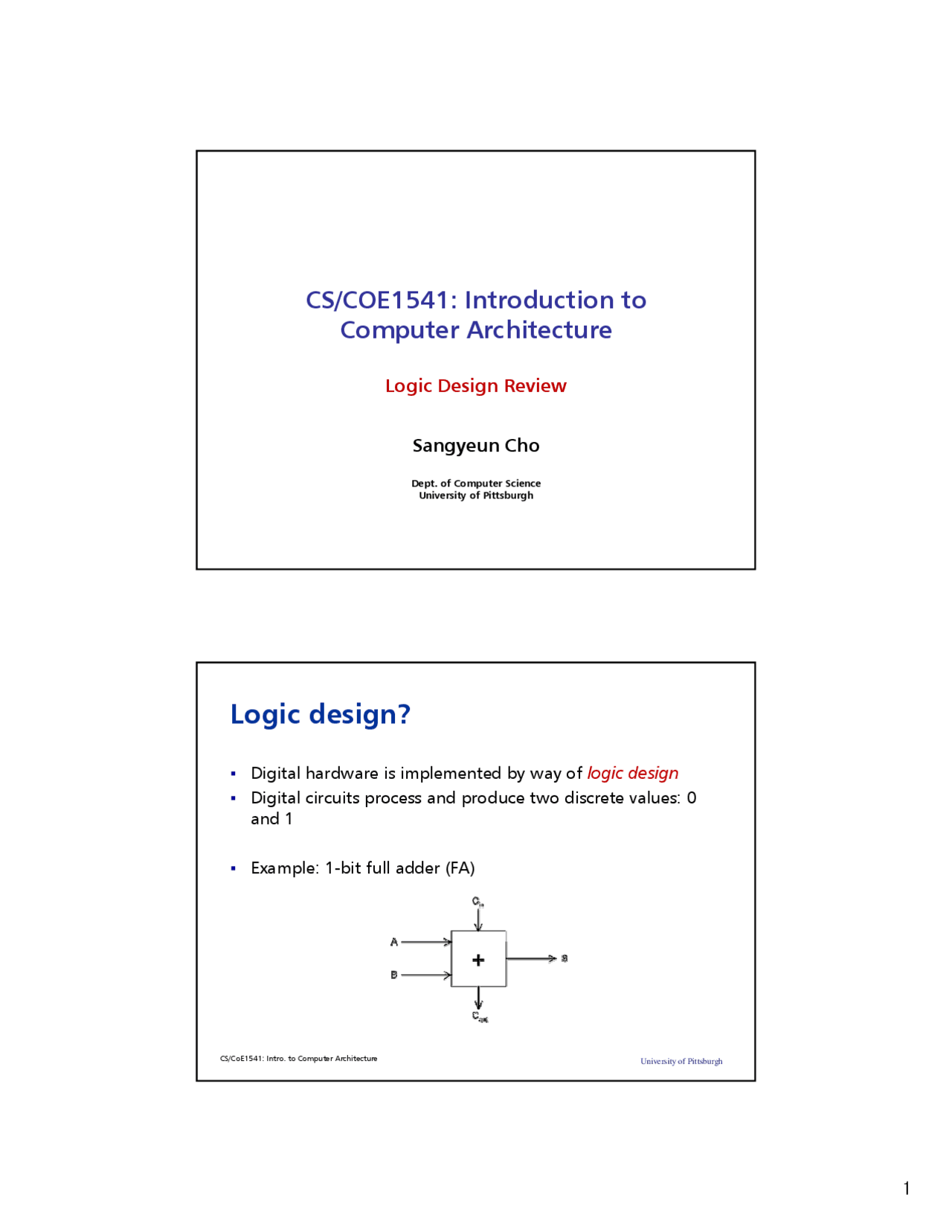 Logic Design Review Sheet - Computer Architecture | CS 1541 - Docsity