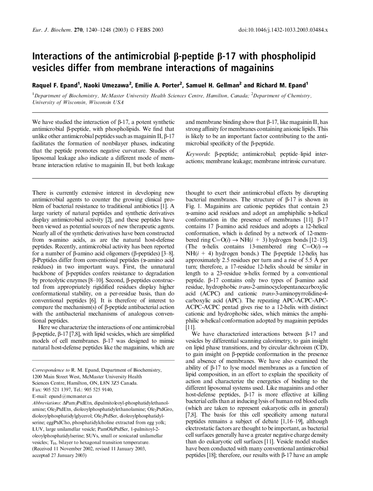 Interactions of The Antimicrobial B-Peptide B-17 With Phospholipid ...