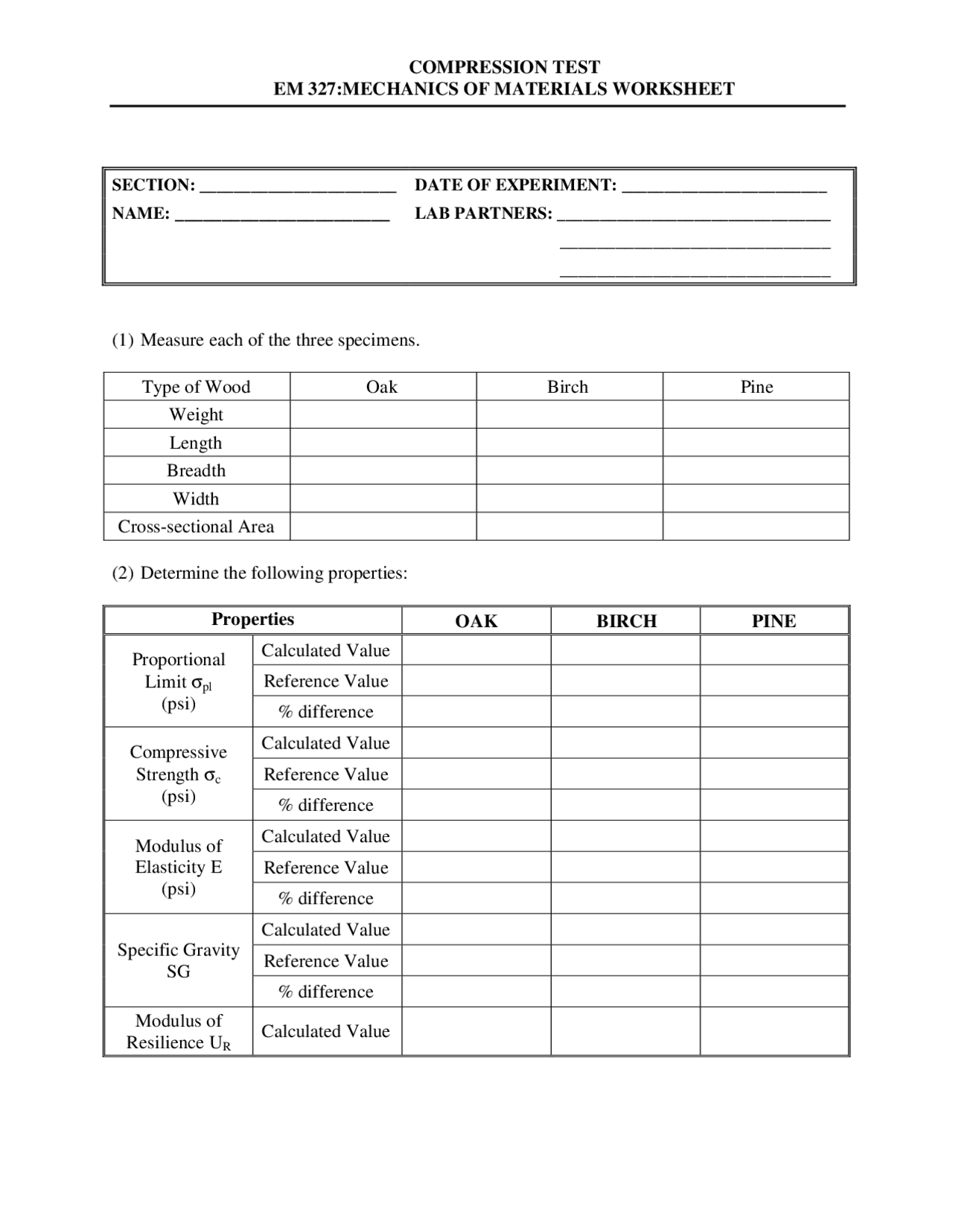 Compression Test Mechanics of Materials Worksheet E M 327 Exams
