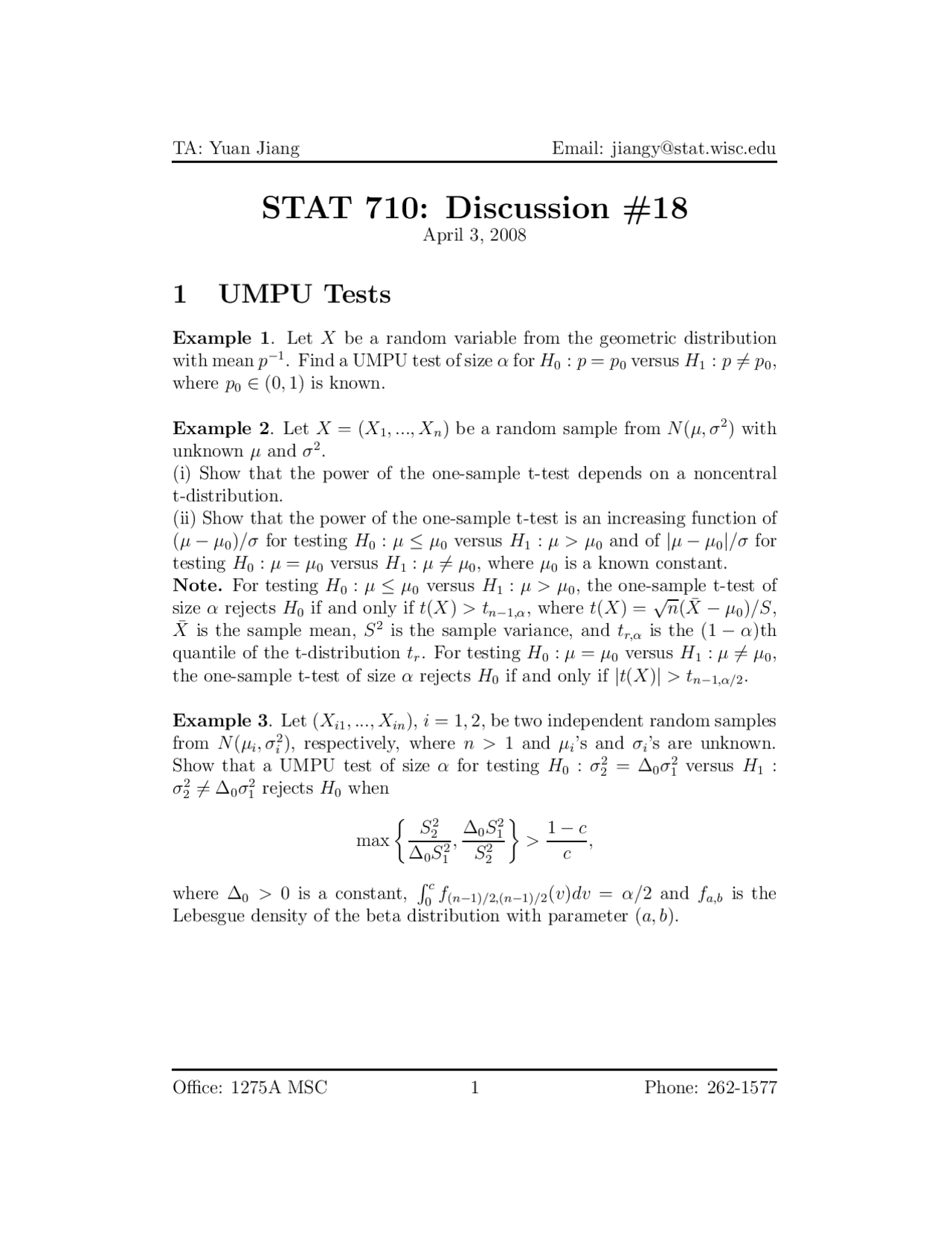 UMPU Tests - Discussion 18 - Mathematical Statistics | STAT 710 | Study ...
