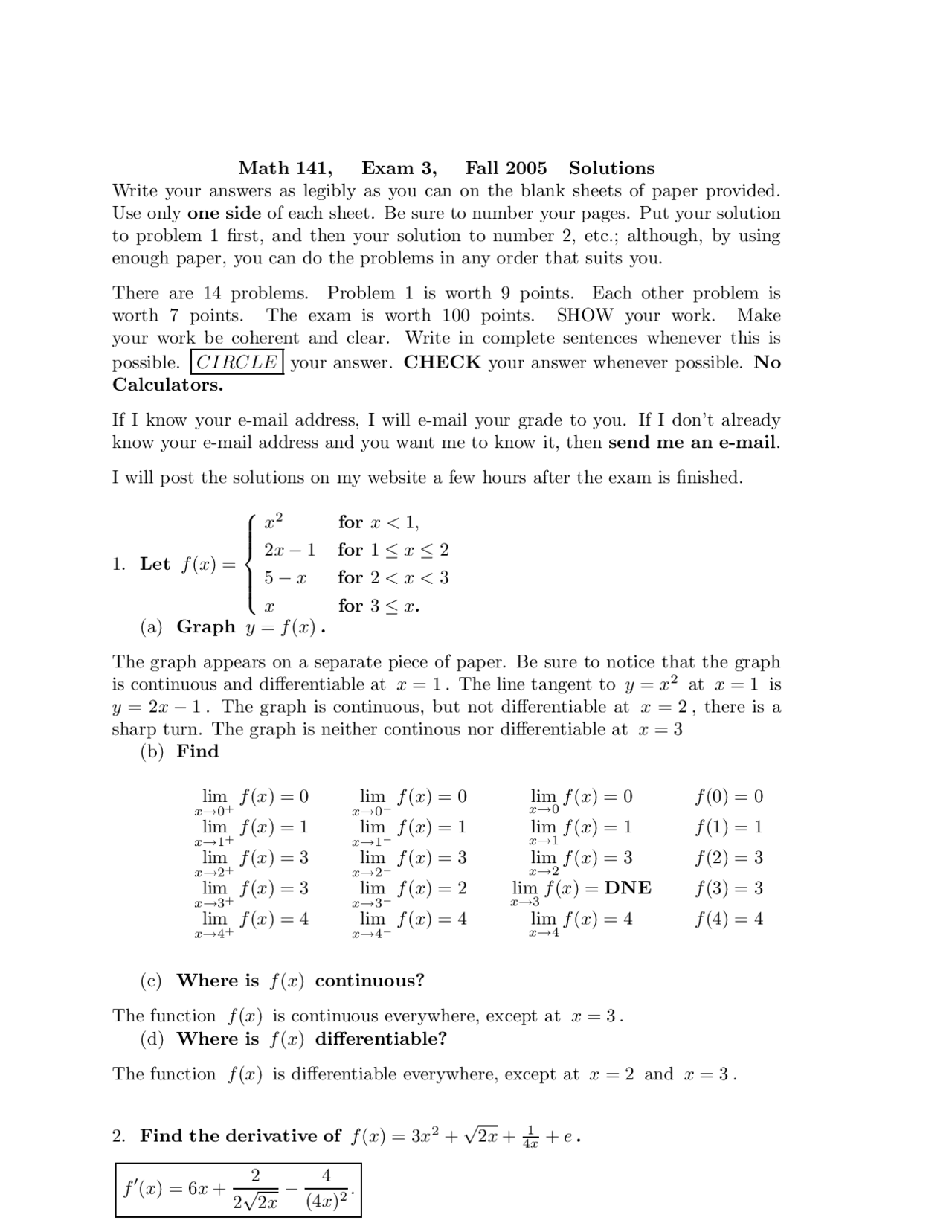Math 141example Problems 14 Solved Problems in Exam 3 on Calculus I | MATH 141 - Docsity