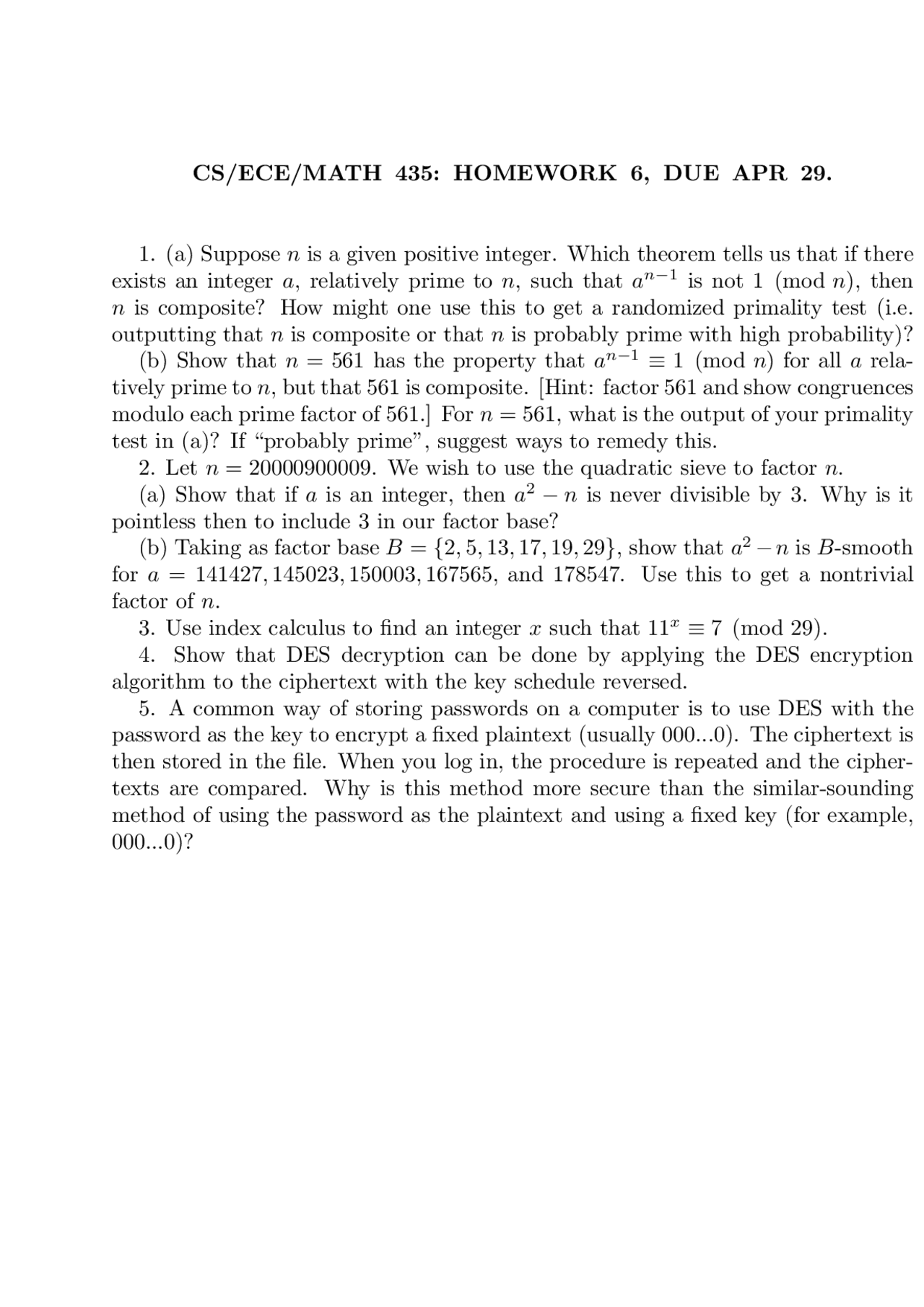 Cryptography Math Practice Problem Introduction to Cryptography - Homework 6 Practice | MATH 435 - Docsity