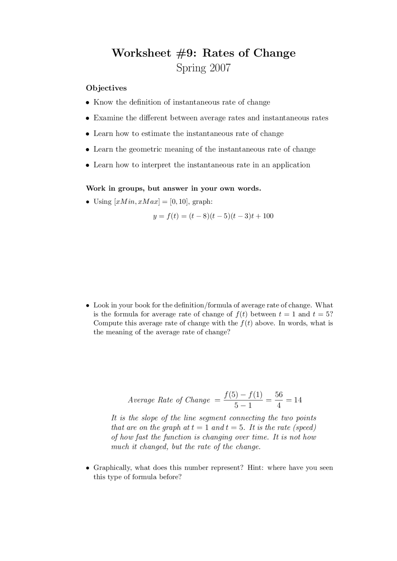 Rates Of Change Worksheet 9 Spring 2007 MATH 122 Docsity rates-of-change-worksheet-9-spring-2007-math-122-docsity