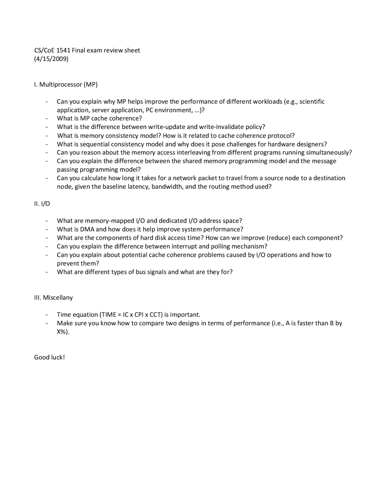 Computer Architecture Final exam review sheet | CS 1541 - Docsity