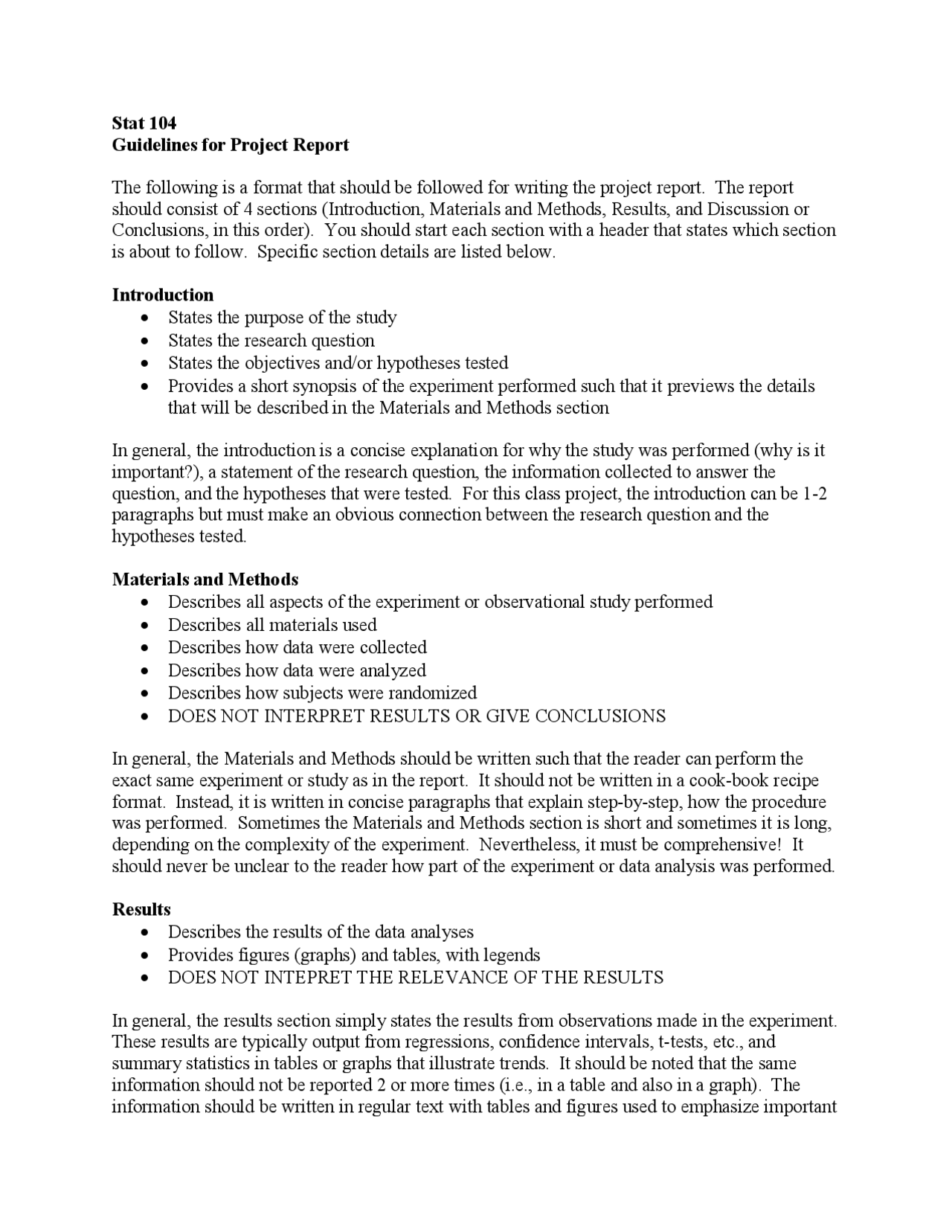 Introduction to Statistics - Guidelines for Project Report | STAT 104 ...